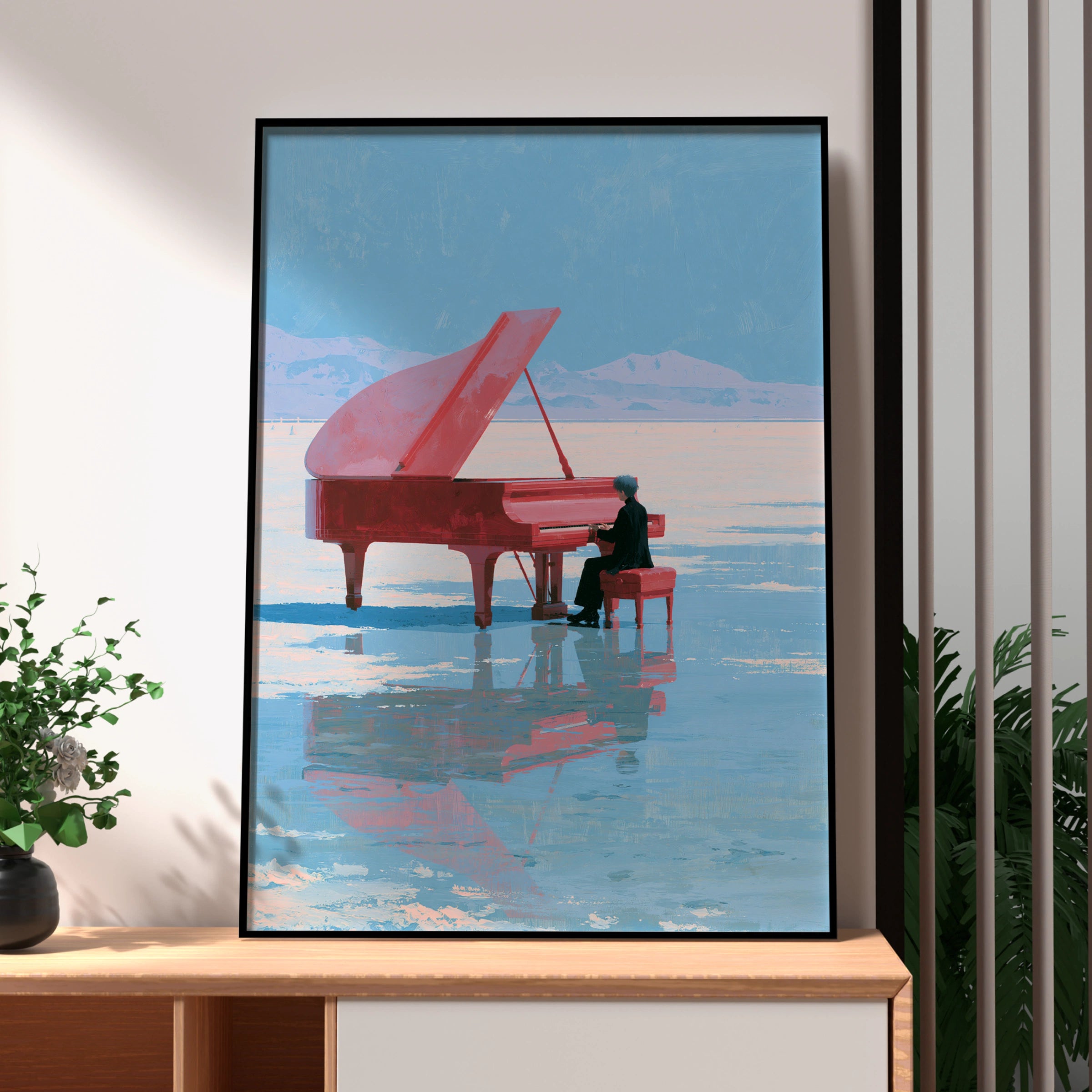 Red Piano on Ice Landscape, Surreal Art Print, Dreamy Minimalism, Unique Wall Decor