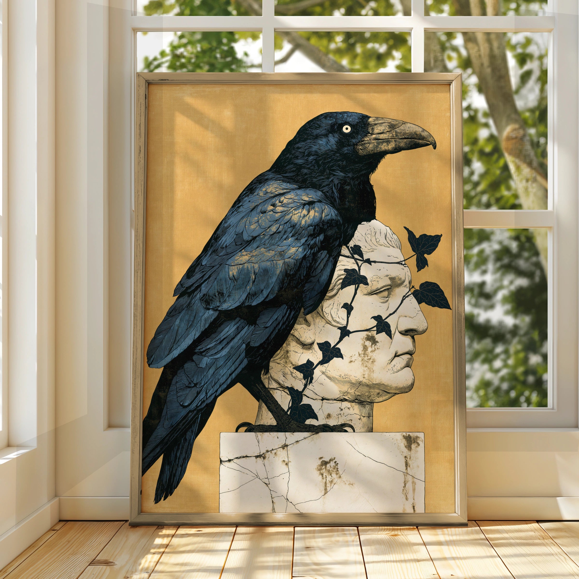 Raven on Roman Statue, Art Print, Minimalist Wall Decor, Nature-Inspired Artwork