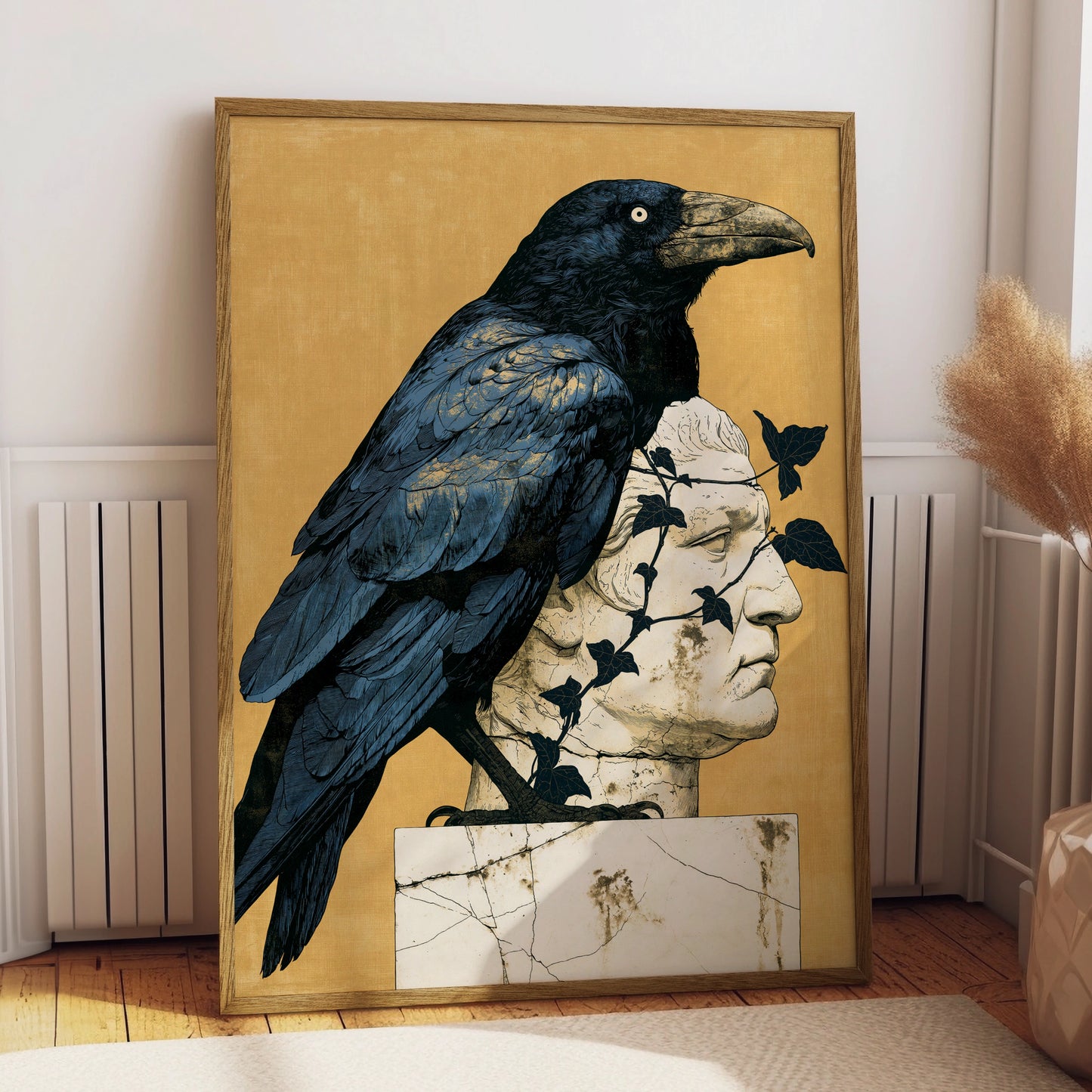 Raven on Roman Statue, Art Print, Minimalist Wall Decor, Nature-Inspired Artwork