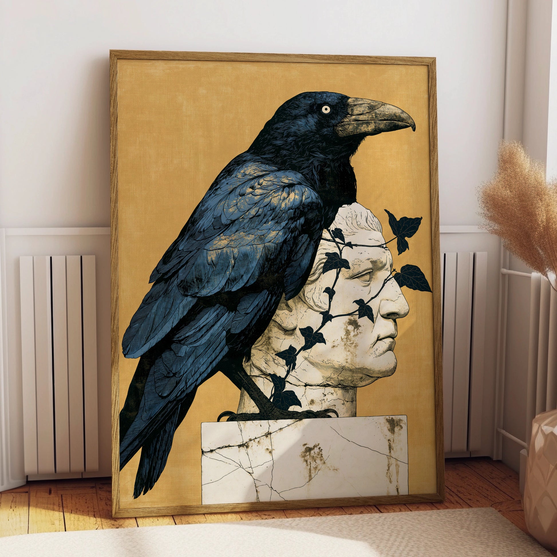 Raven on Roman Statue, Art Print, Minimalist Wall Decor, Nature-Inspired Artwork
