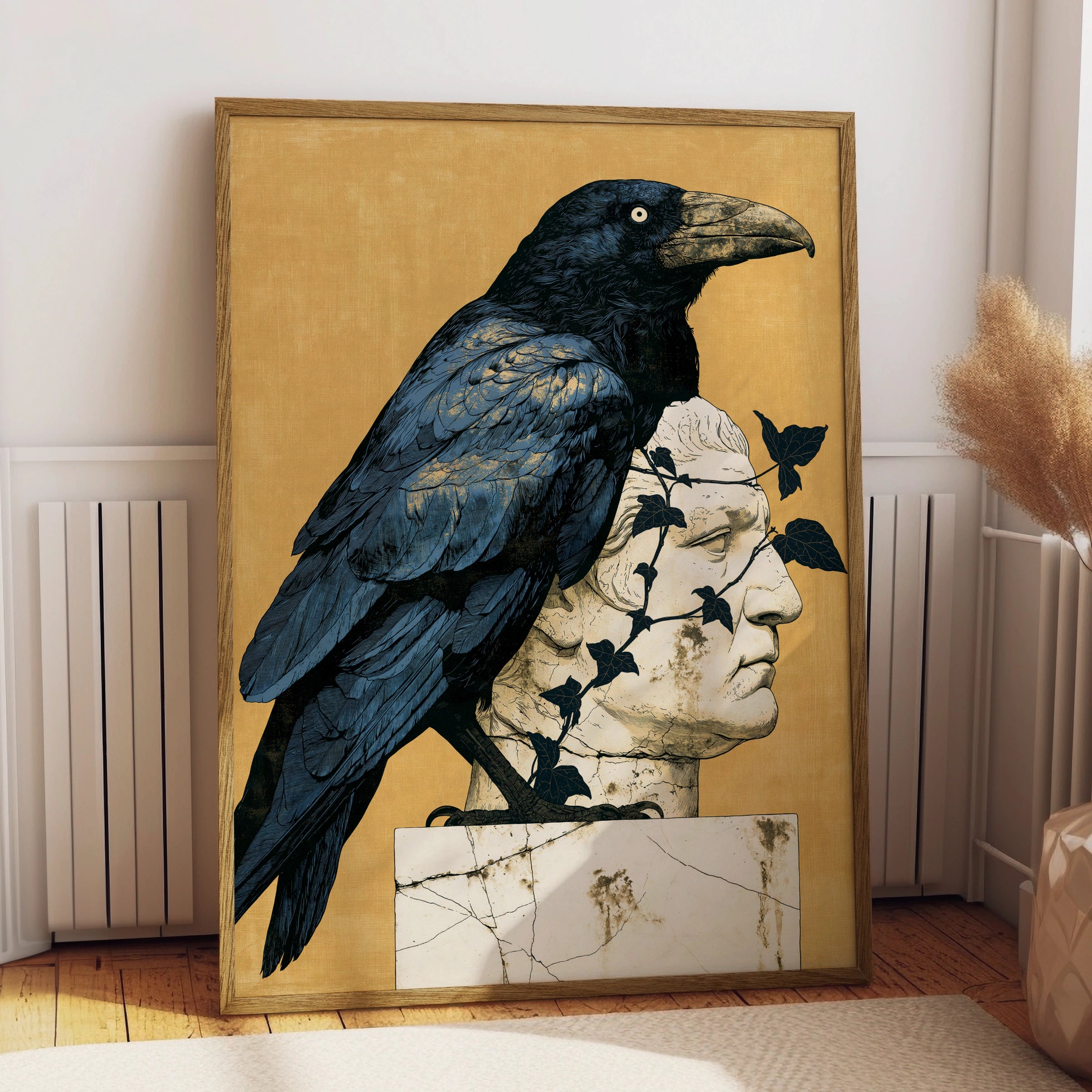 Raven on Roman Statue, Art Print, Minimalist Wall Decor, Nature-Inspired Artwork