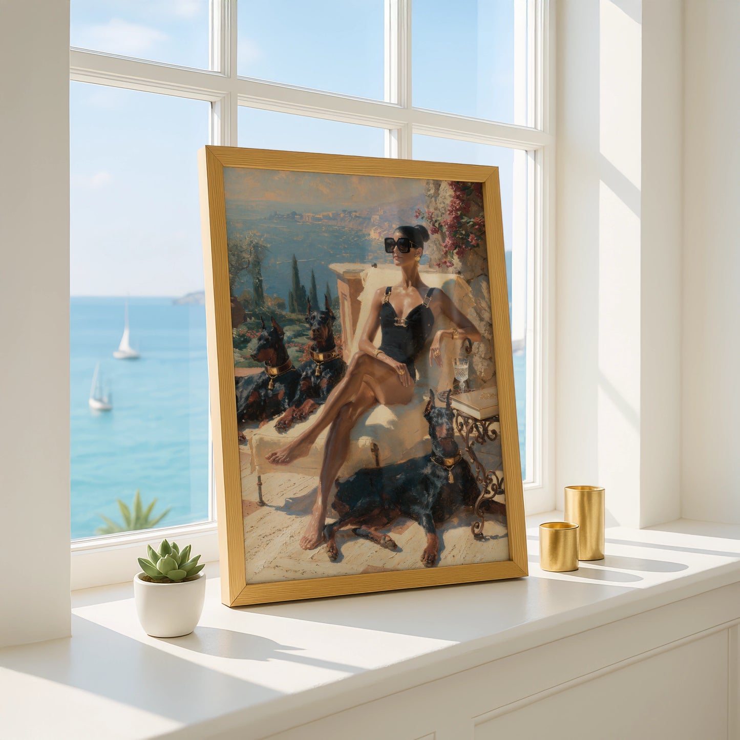 Woman with Dobermanns Wall Art, Mediterranean Terrace, Luxury Oil Painting Print, Old money poster