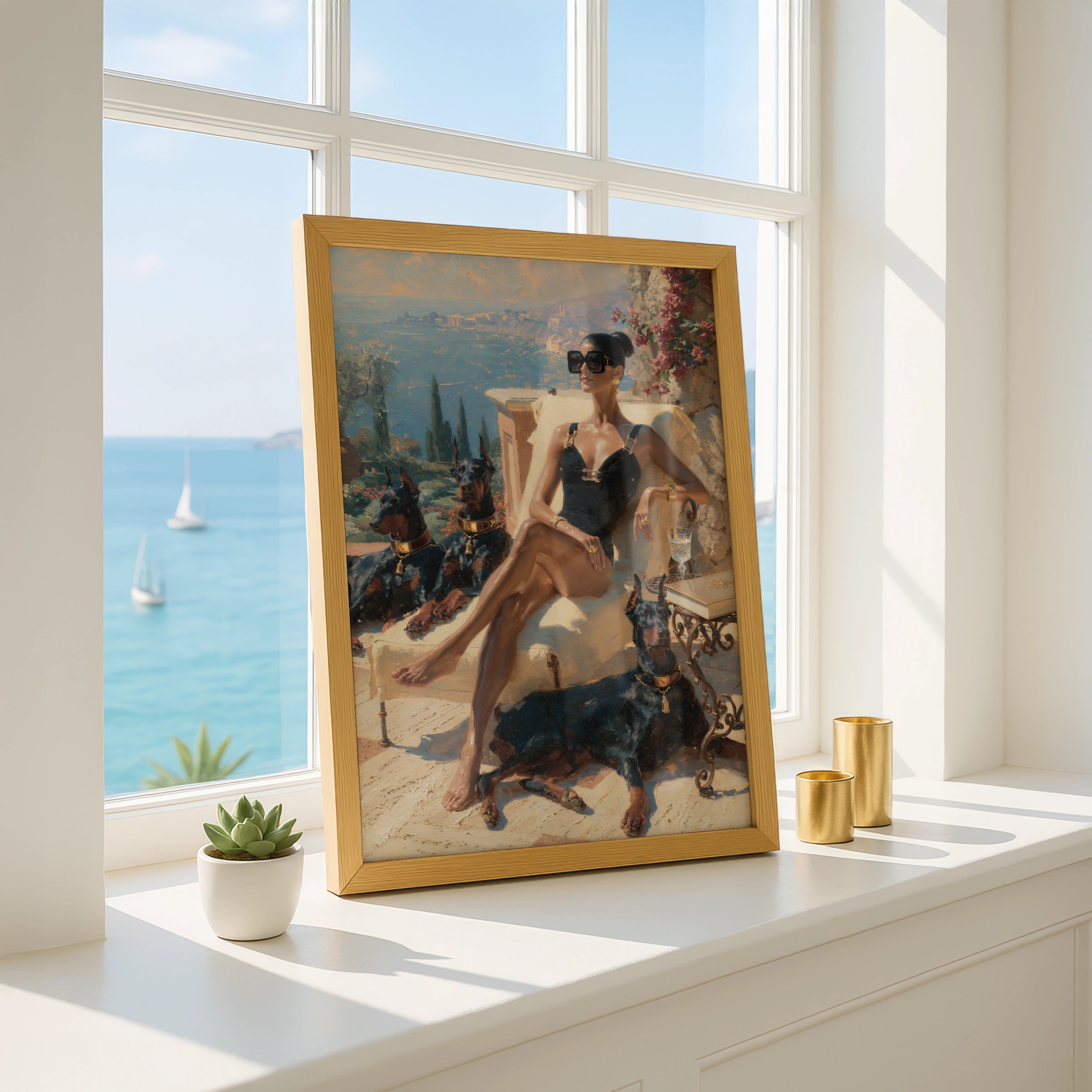 Woman with Dobermanns Wall Art, Mediterranean Terrace, Luxury Oil Painting Print, Old money poster