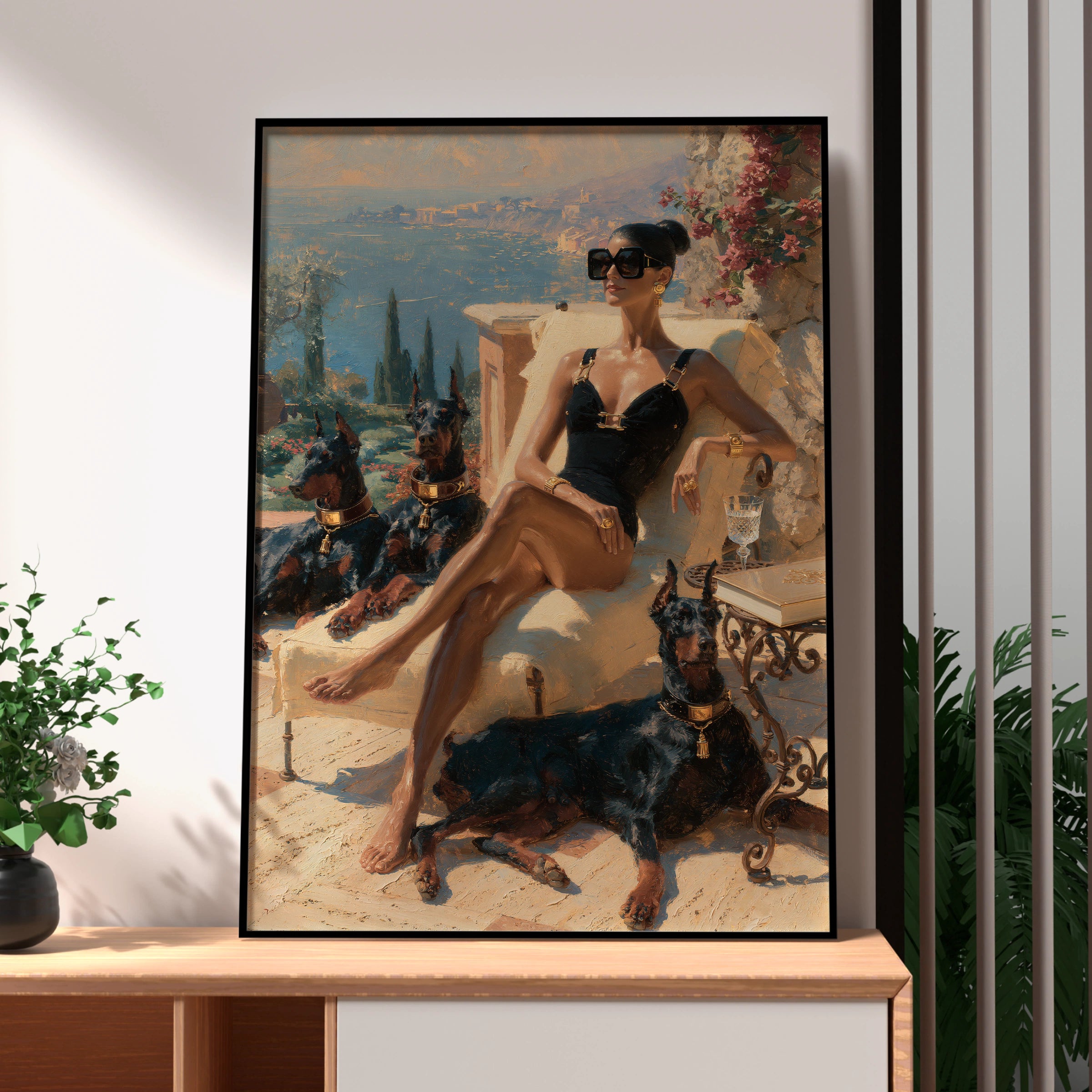 Woman with Dobermanns Wall Art, Mediterranean Terrace, Luxury Oil Painting Print, Old money poster