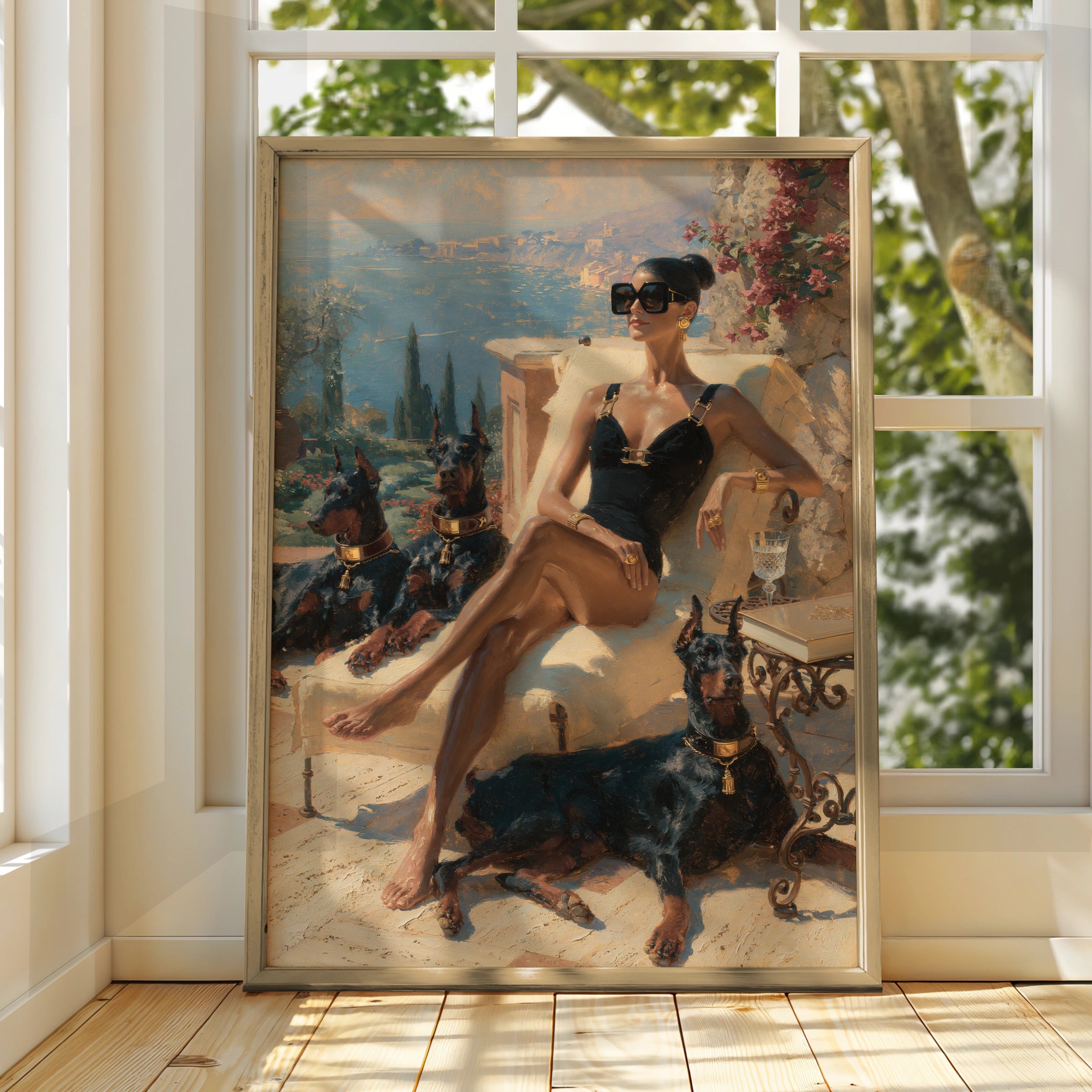Woman with Dobermanns Wall Art, Mediterranean Terrace, Luxury Oil Painting Print, Old money poster