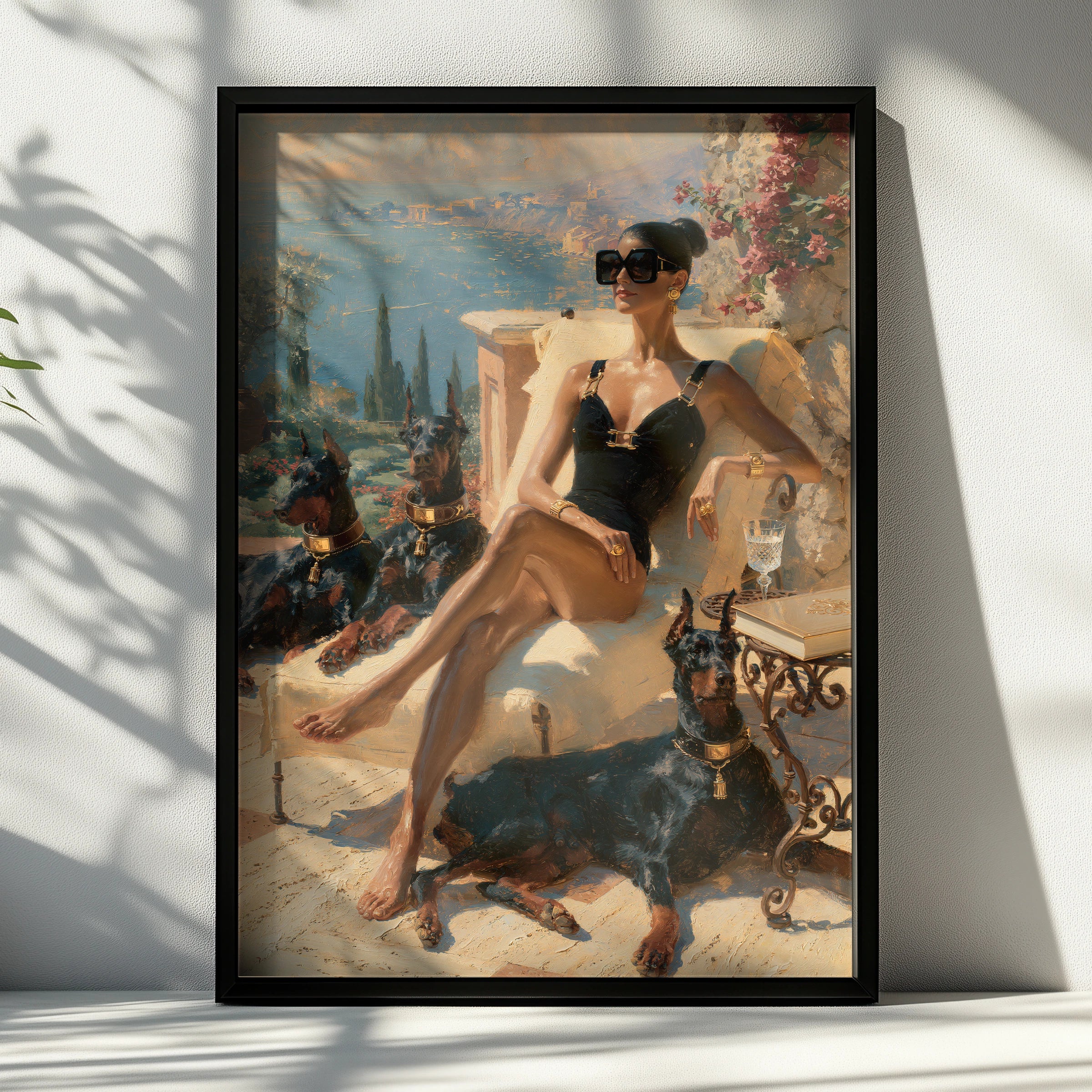Woman with Dobermanns Wall Art, Mediterranean Terrace, Luxury Oil Painting Print, Old money poster