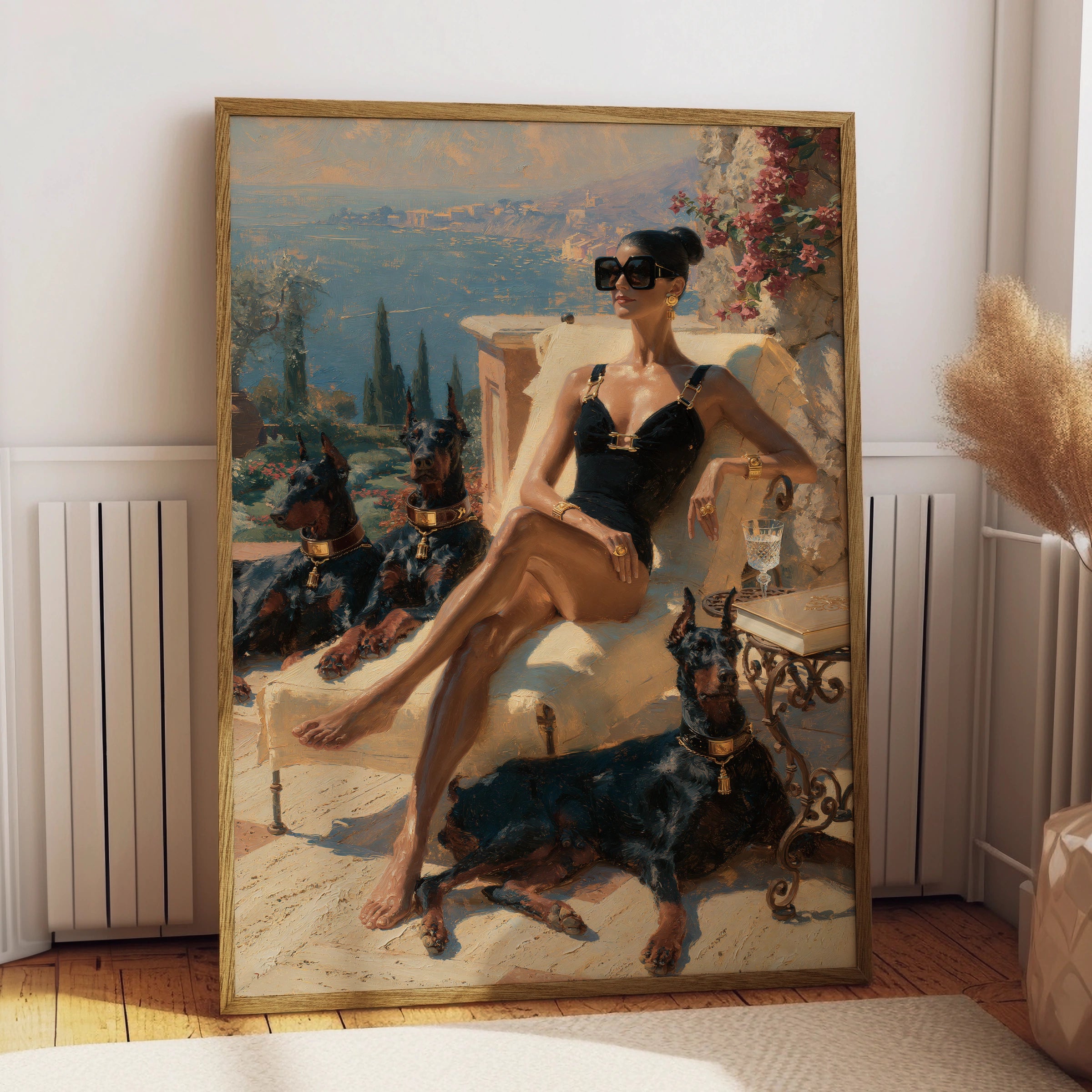 Woman with Dobermanns Wall Art, Mediterranean Terrace, Luxury Oil Painting Print, Old money poster