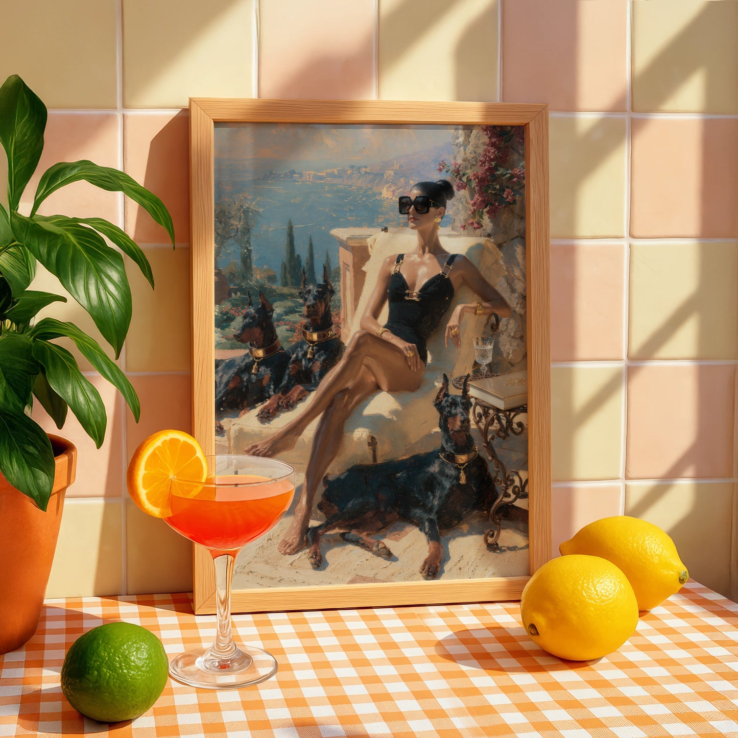 Woman with Dobermanns Wall Art, Mediterranean Terrace, Luxury Oil Painting Print, Old money poster