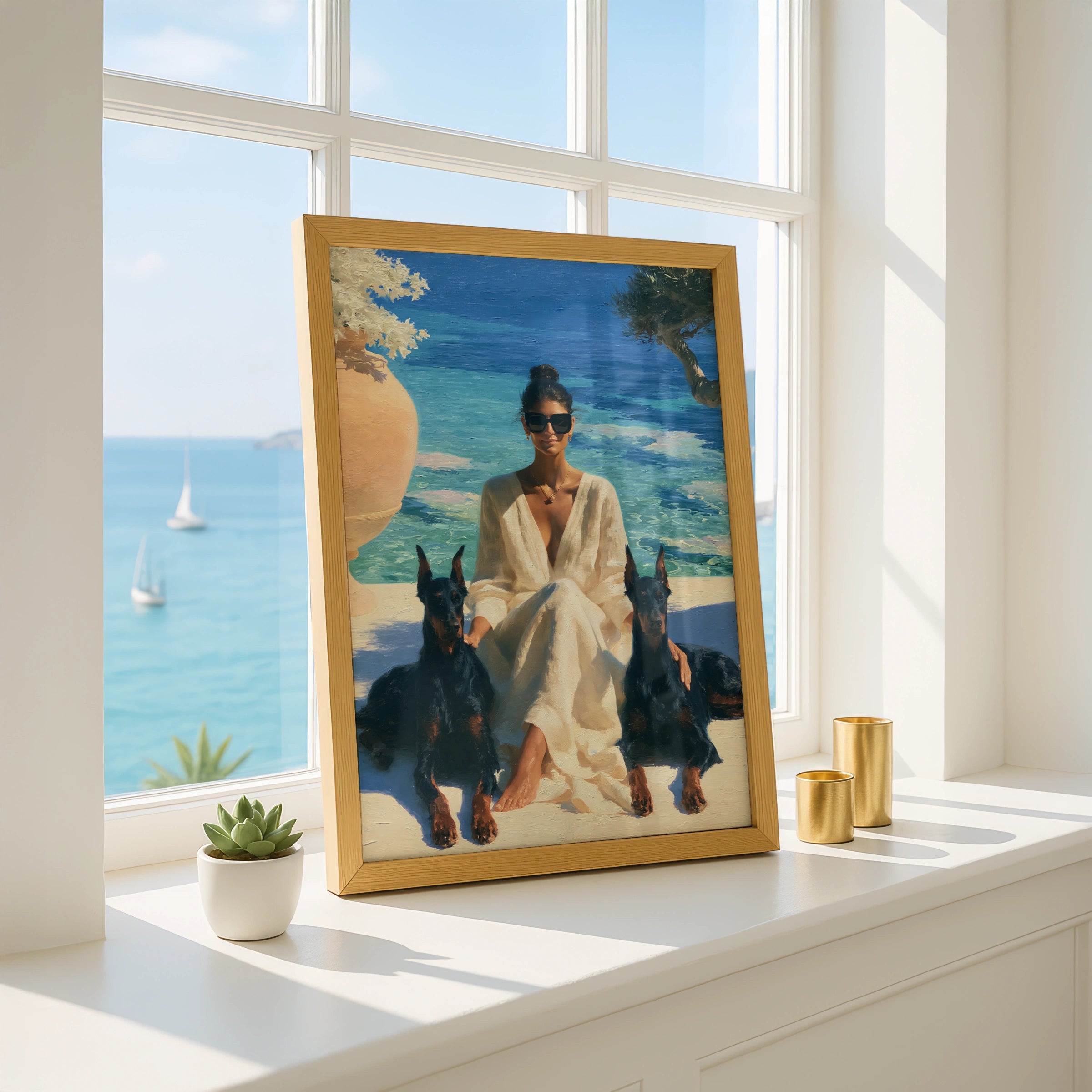 Woman with Dobermanns by the Sea, Wall Art Print, Oil Painting Style, Old money poster