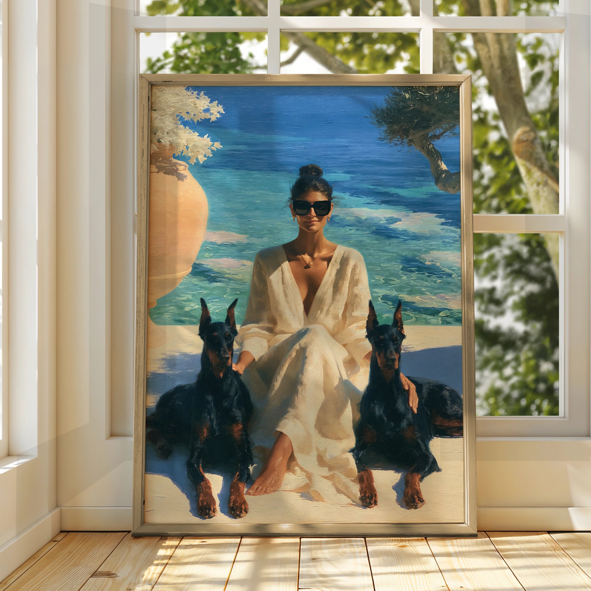 Woman with Dobermanns by the Sea, Wall Art Print, Oil Painting Style, Old money poster