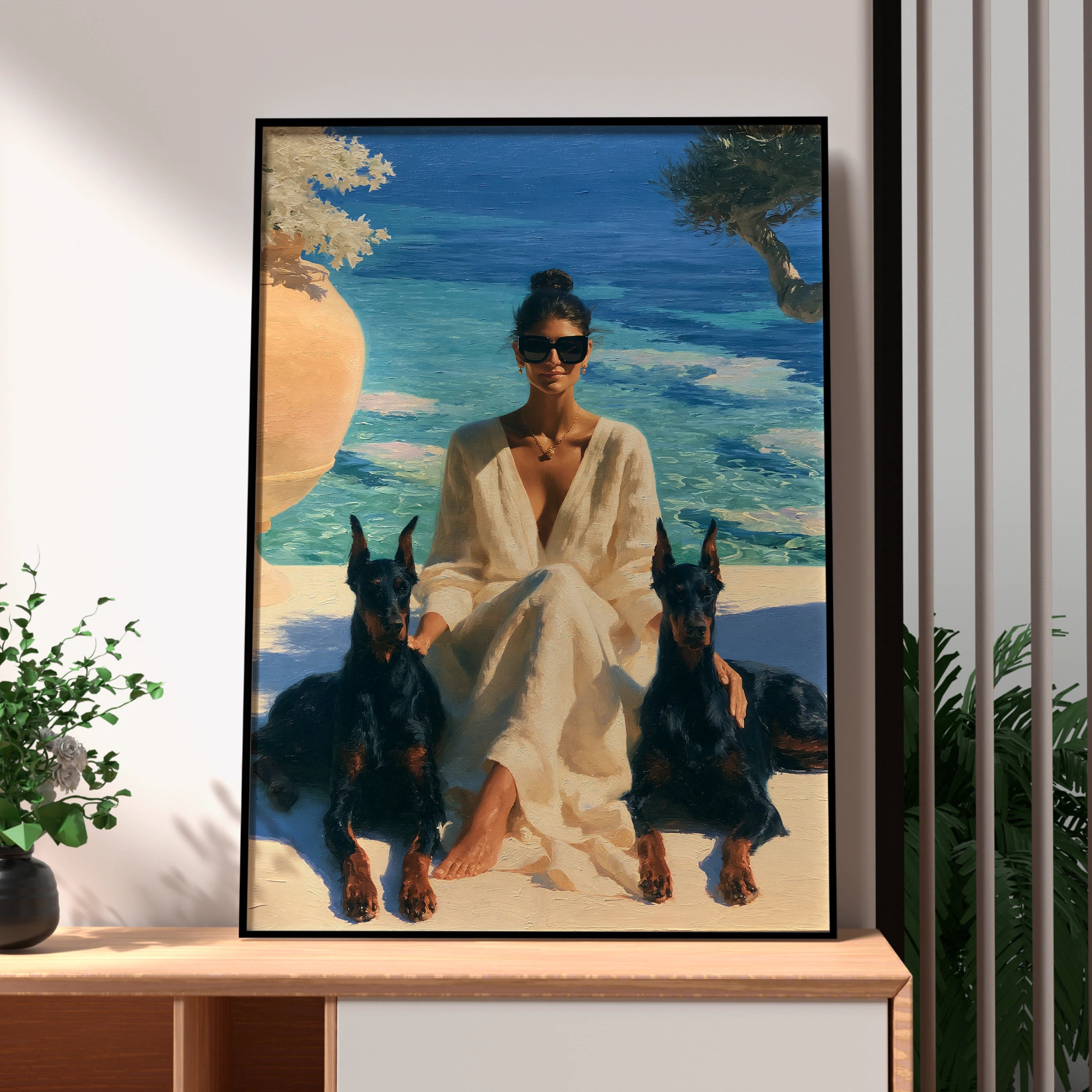 Woman with Dobermanns by the Sea, Wall Art Print, Oil Painting Style, Old money poster