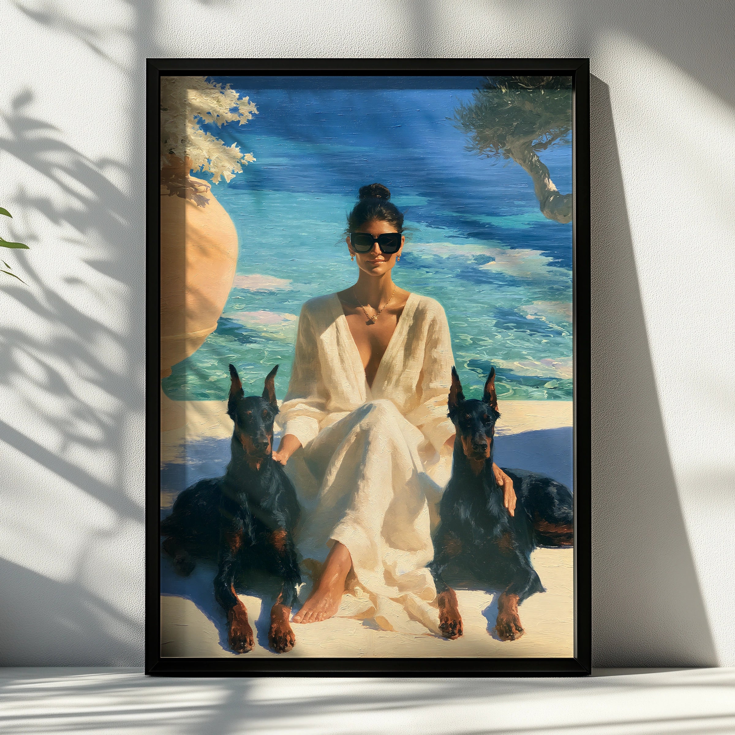 Woman with Dobermanns by the Sea, Wall Art Print, Oil Painting Style, Old money poster