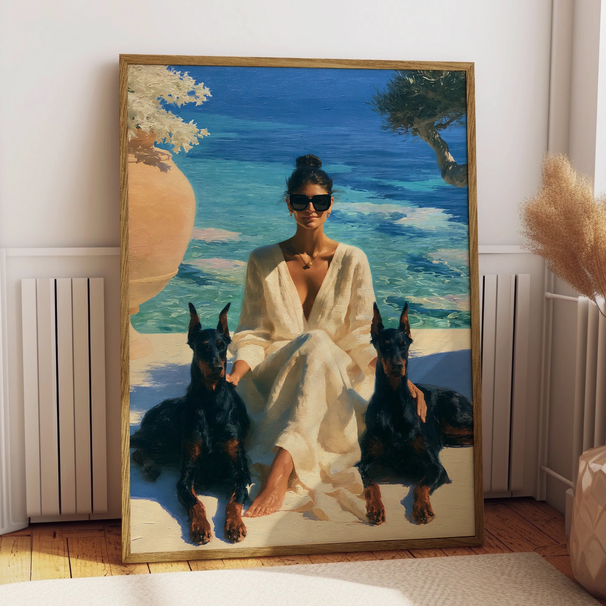 Woman with Dobermanns by the Sea, Wall Art Print, Oil Painting Style, Old money poster