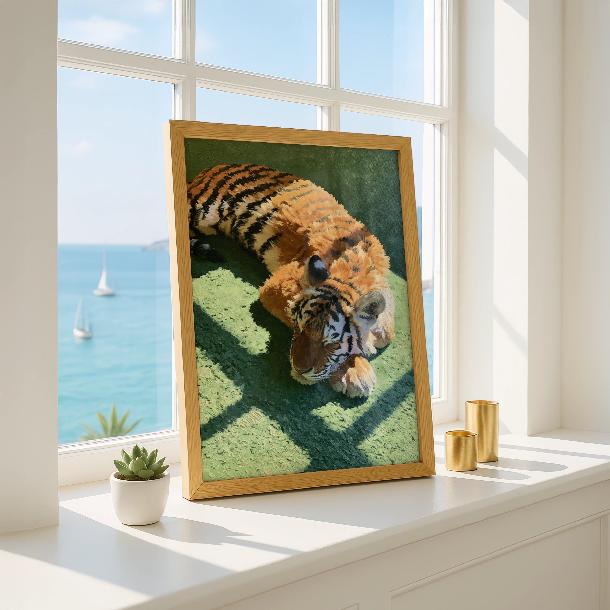 Sleeping Tiger Print, Green Wall Art, Oil Painting Style Poster