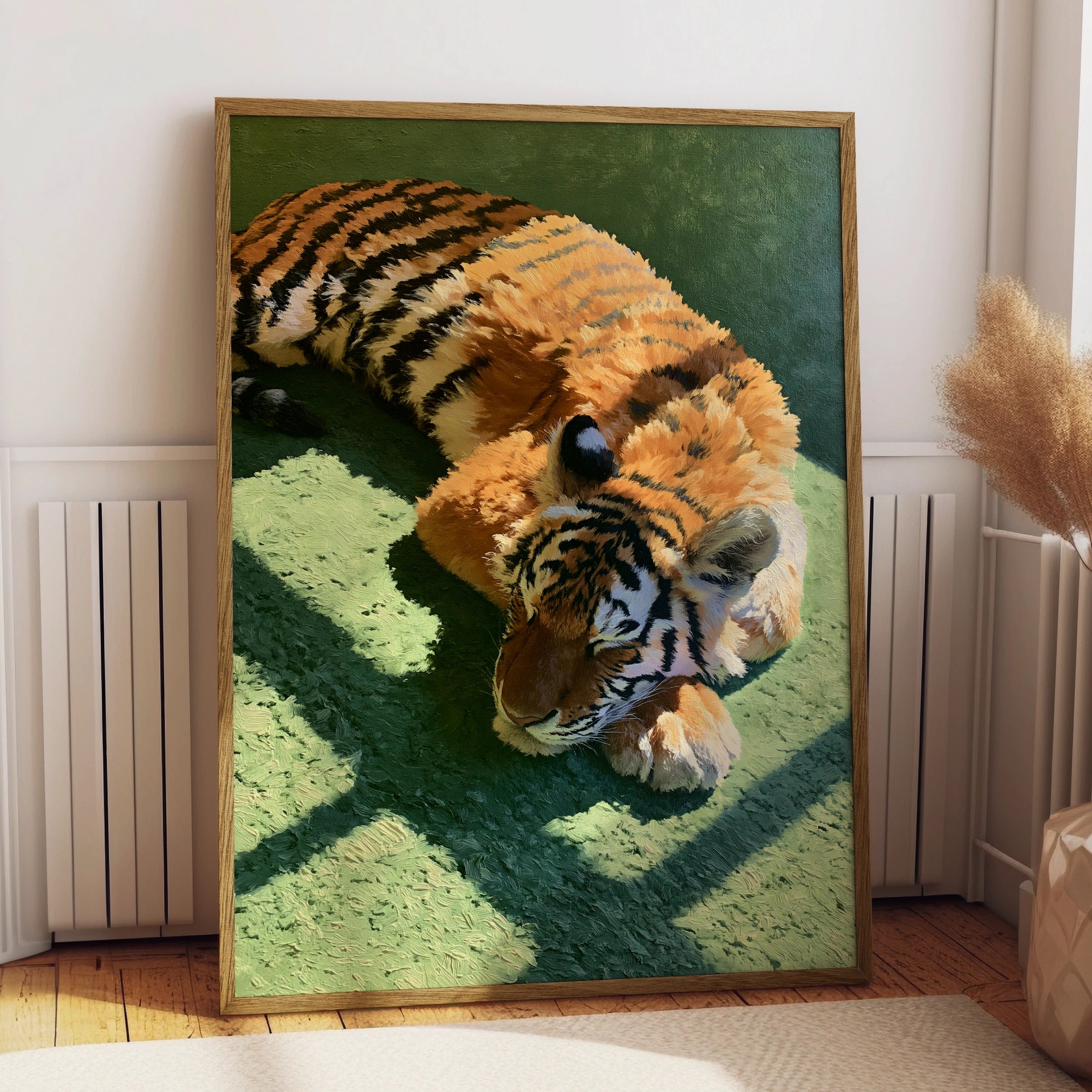 Sleeping Tiger Print, Green Wall Art, Oil Painting Style Poster
