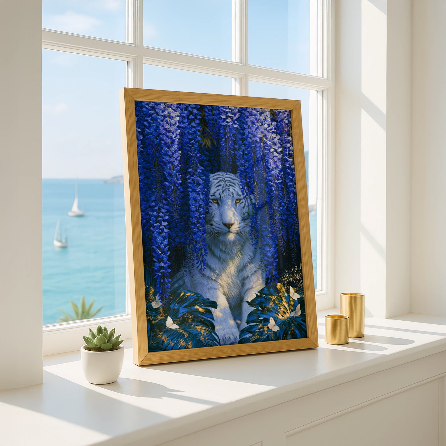 White Tiger Wisteria Poster, Blue Floral Wall Art, Botanical Wildlife Print