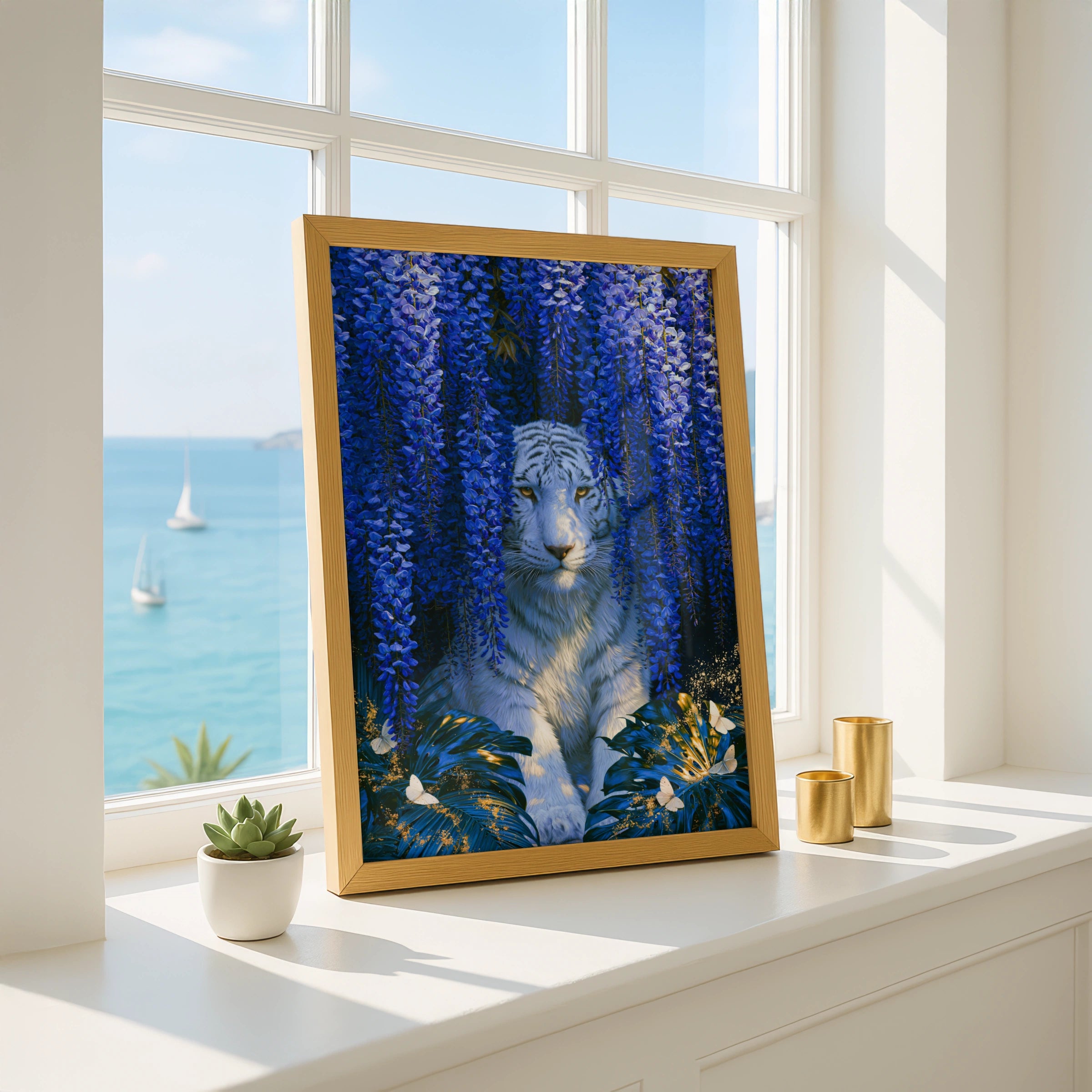 White Tiger Wisteria Poster, Blue Floral Wall Art, Botanical Wildlife Print