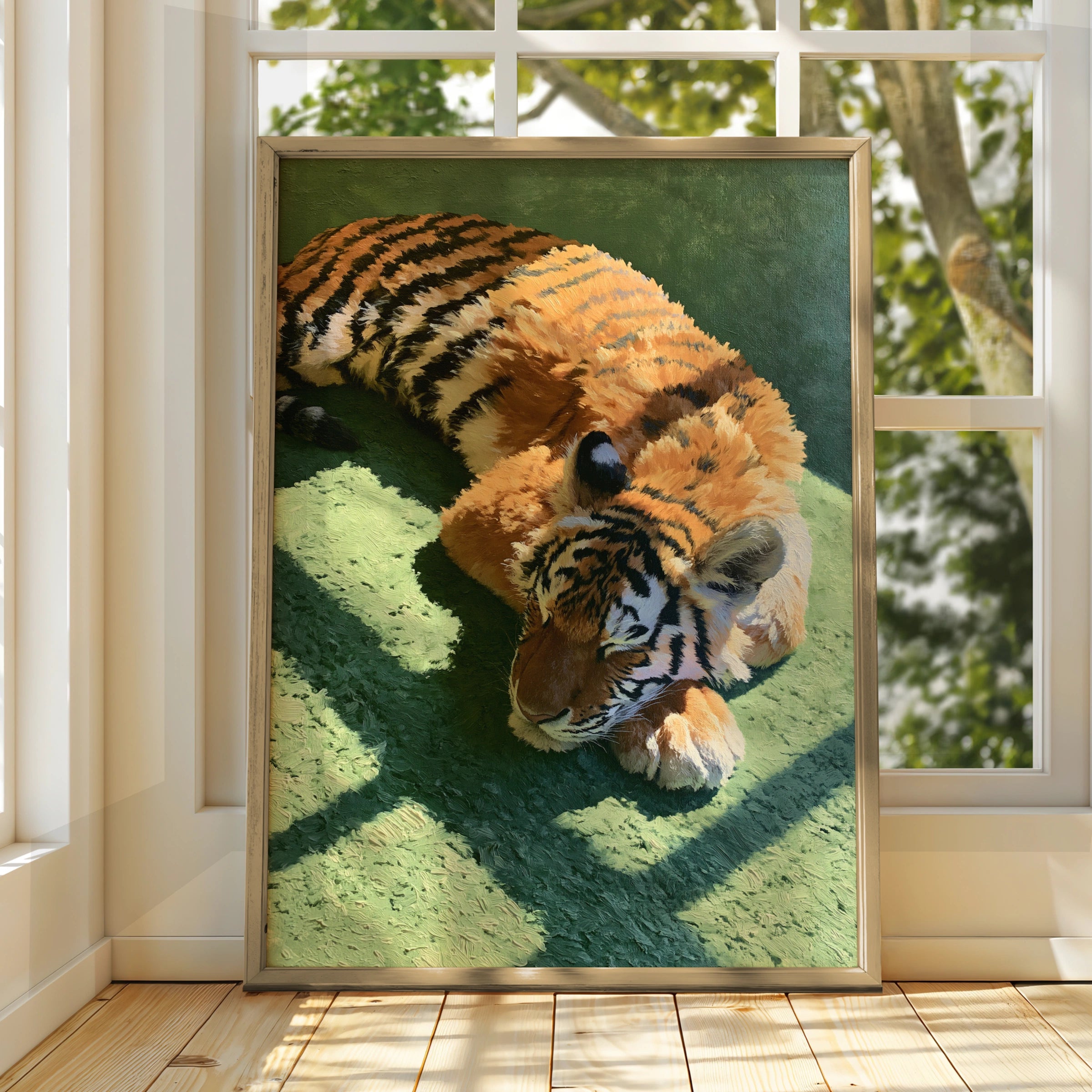 Sleeping Tiger Print, Green Wall Art, Oil Painting Style Poster