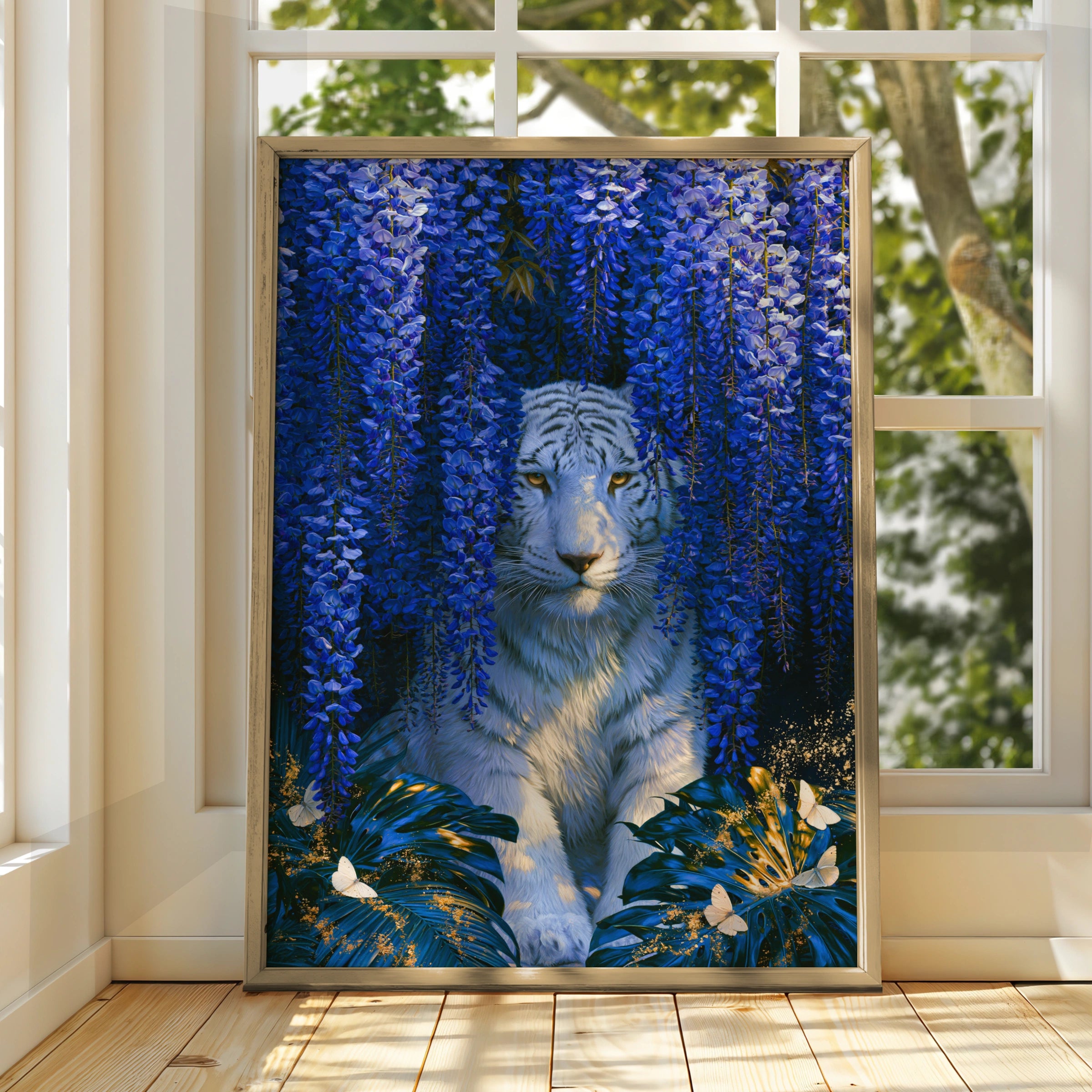 White Tiger Wisteria Poster, Blue Floral Wall Art, Botanical Wildlife Print