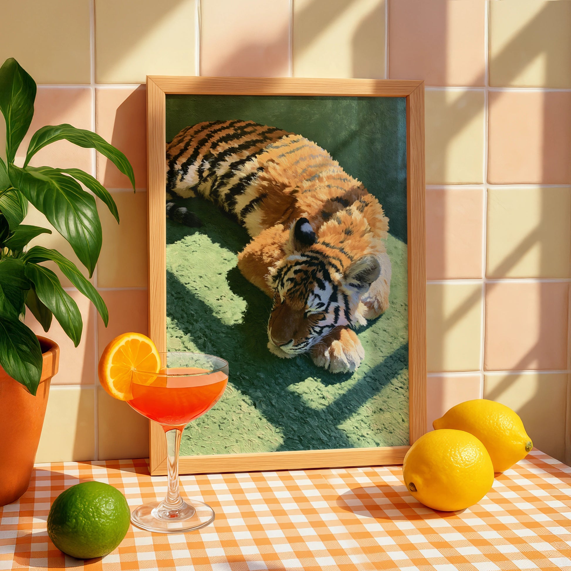 Sleeping Tiger Print, Green Wall Art, Oil Painting Style Poster