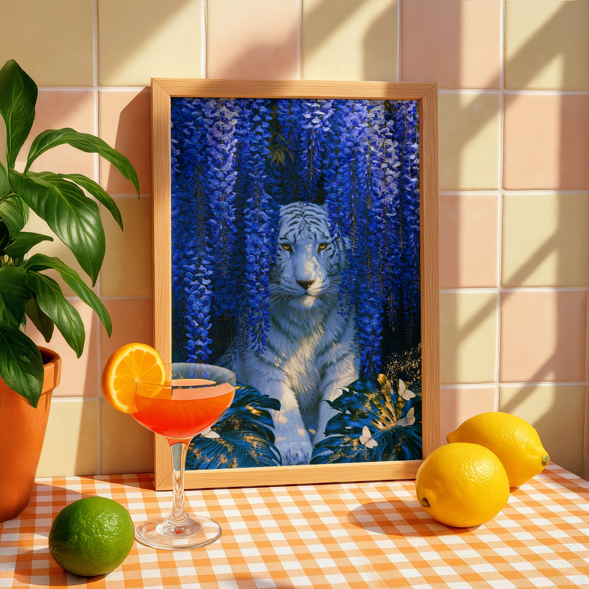 White Tiger Wisteria Poster, Blue Floral Wall Art, Botanical Wildlife Print