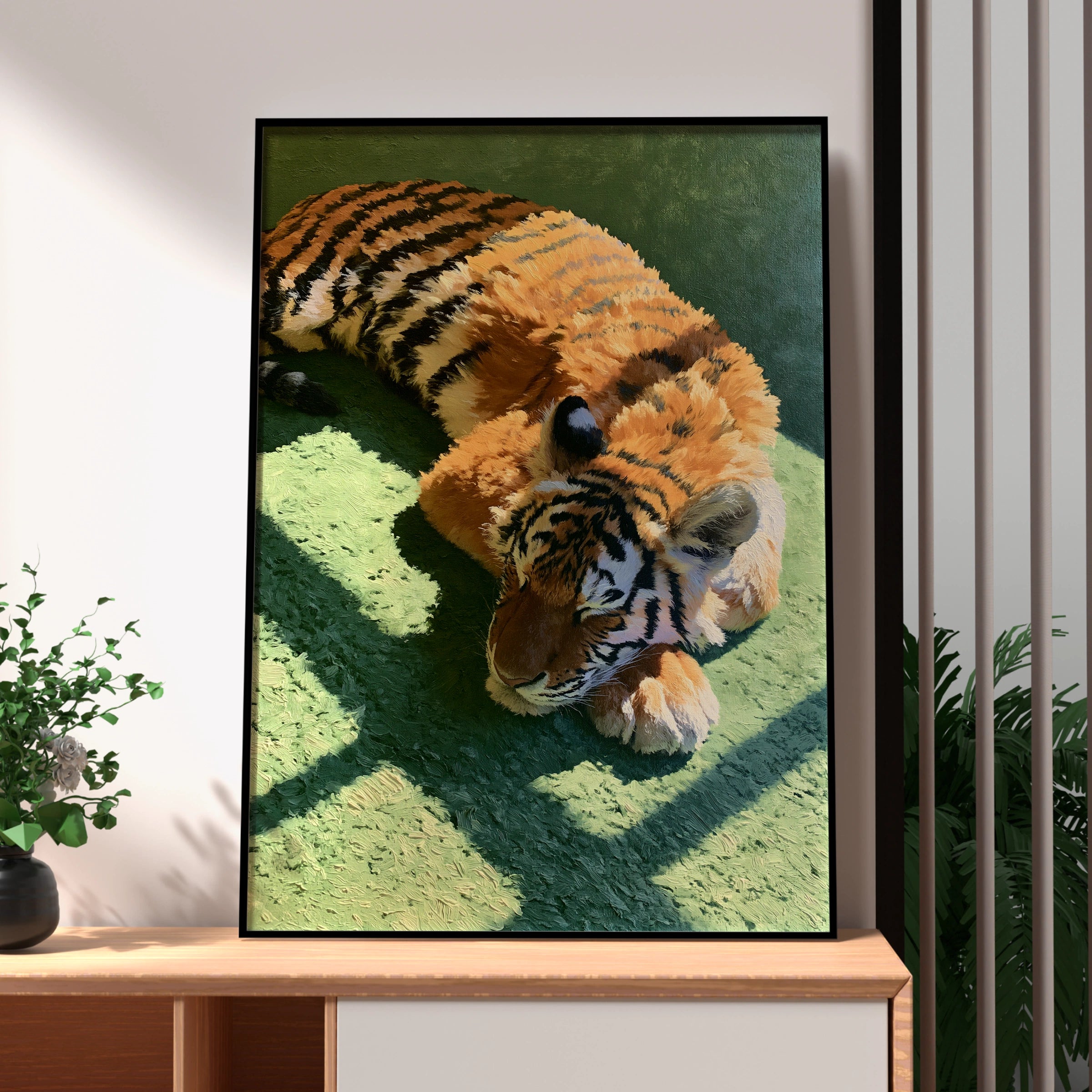Sleeping Tiger Print, Green Wall Art, Oil Painting Style Poster