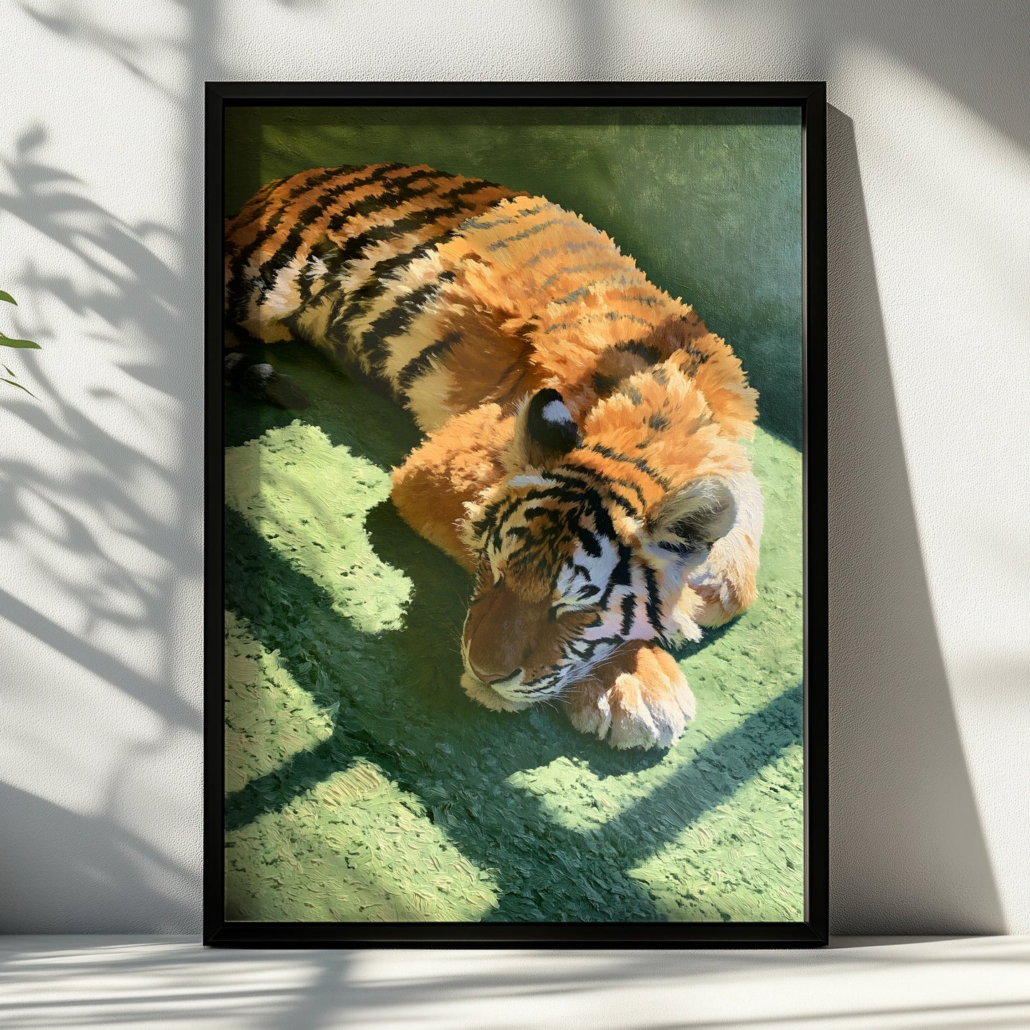Sleeping Tiger Print, Green Wall Art, Oil Painting Style Poster