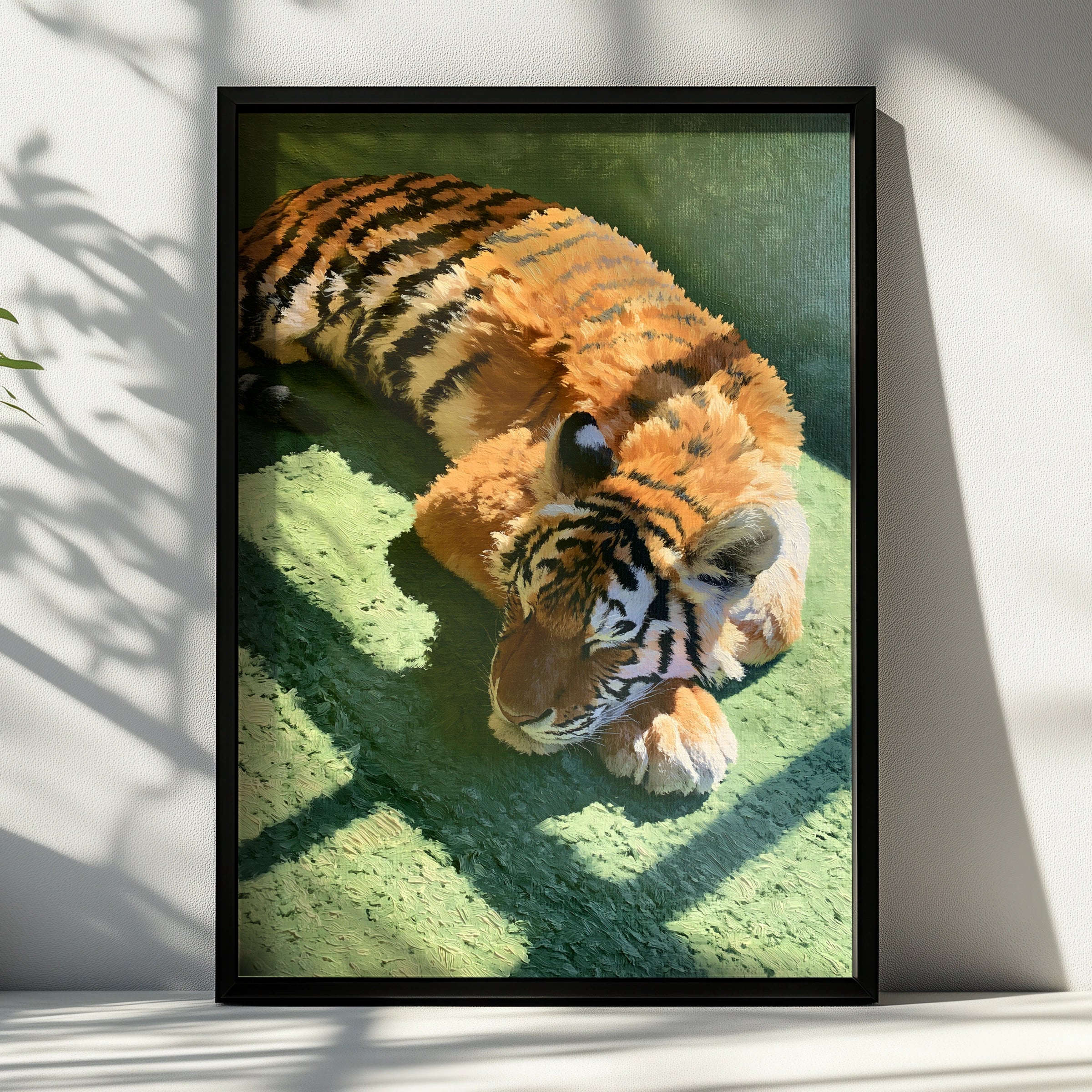 Sleeping Tiger Print, Green Wall Art, Oil Painting Style Poster