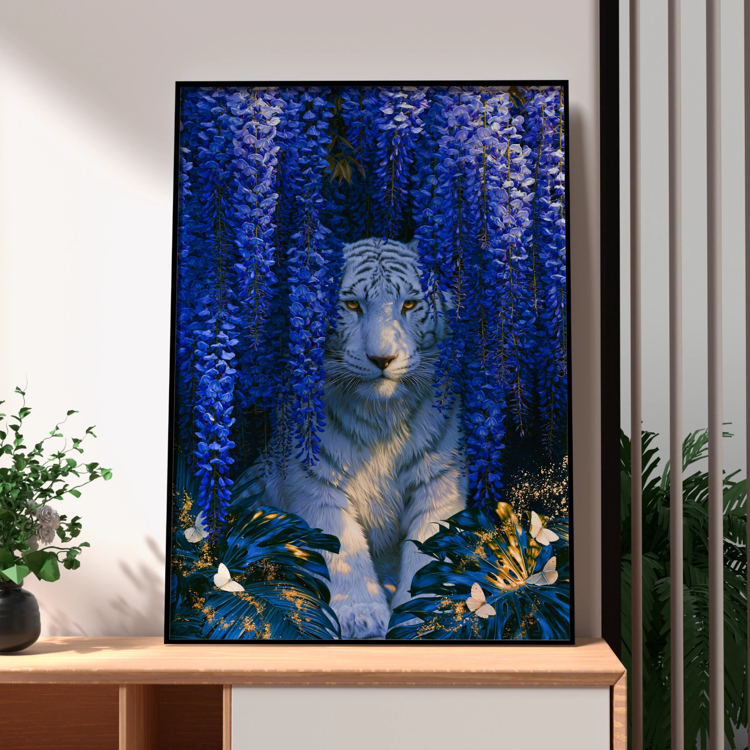 White Tiger Wisteria Poster, Blue Floral Wall Art, Botanical Wildlife Print
