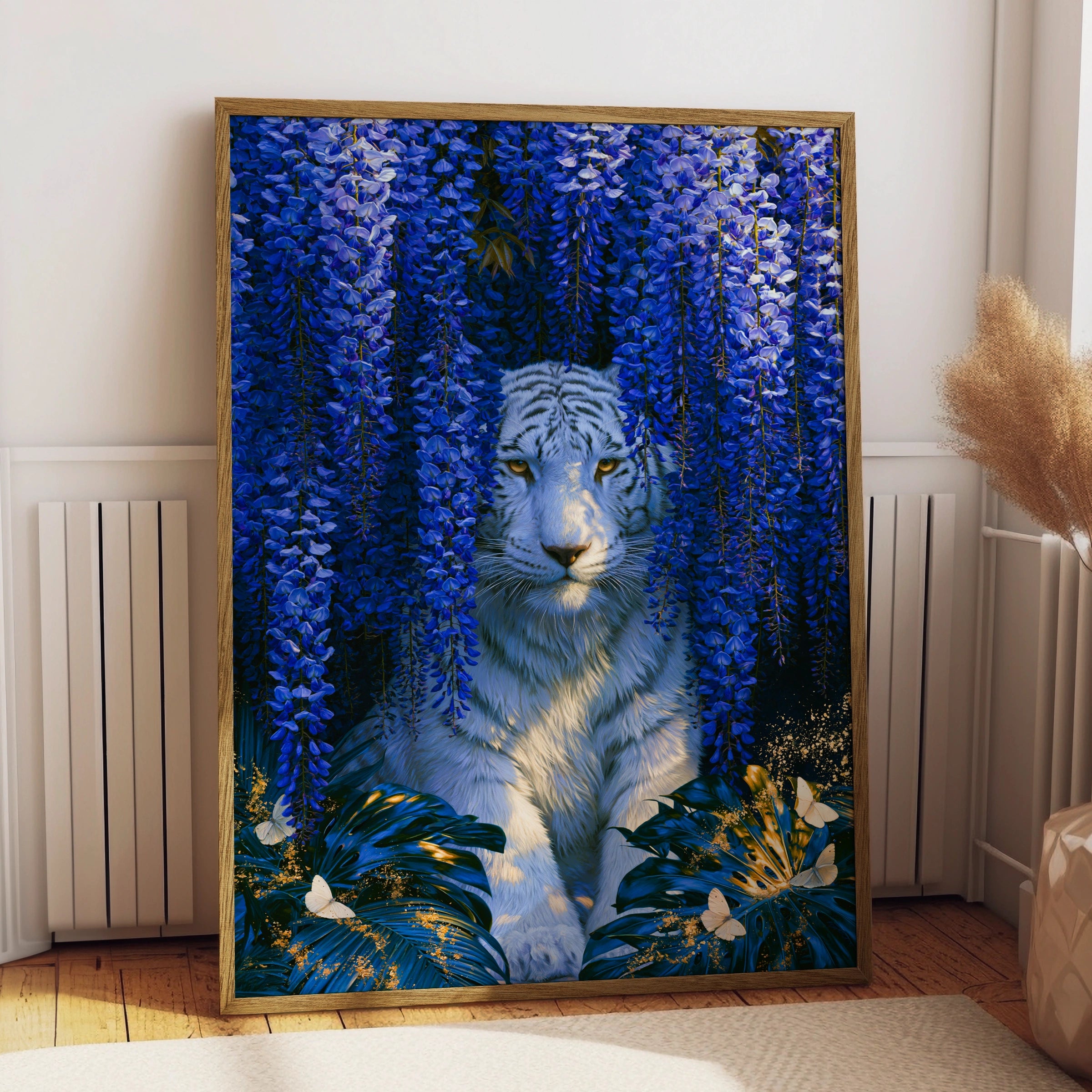 White Tiger Wisteria Poster, Blue Floral Wall Art, Botanical Wildlife Print