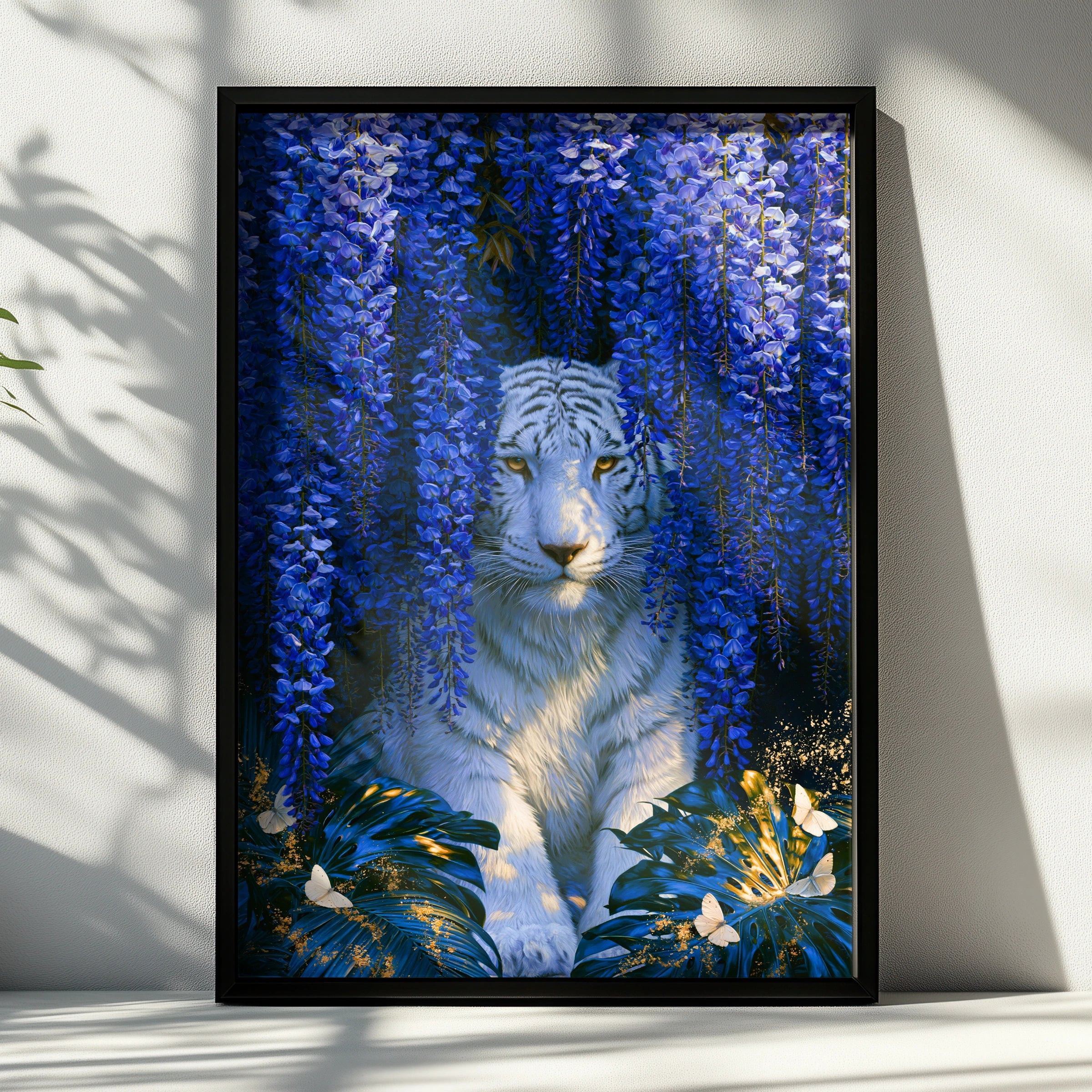 White Tiger Wisteria Poster, Blue Floral Wall Art, Botanical Wildlife Print