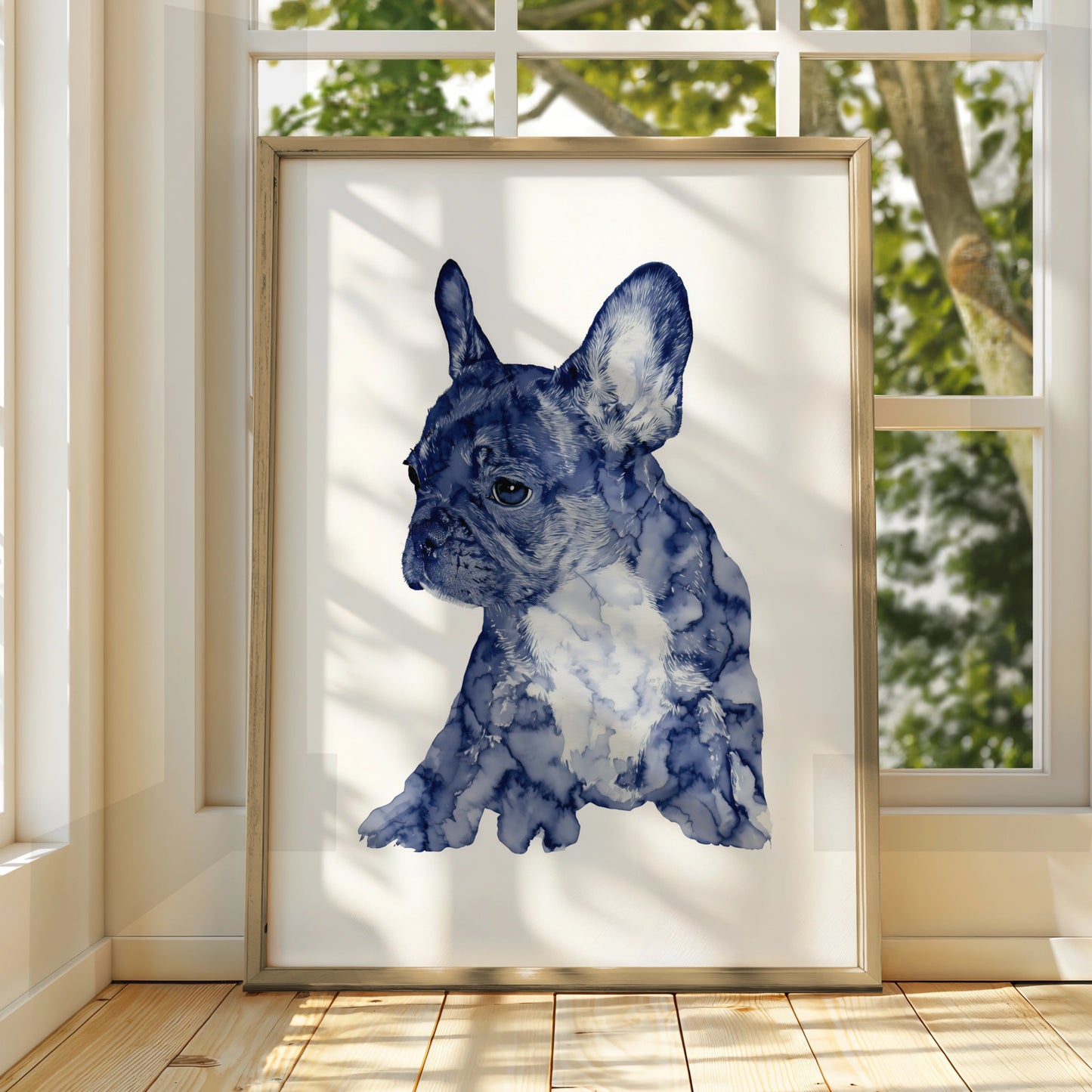 French Bulldog Puppy Print, Navy Blue Watercolour Dog Wall Art, Frenchie Poster