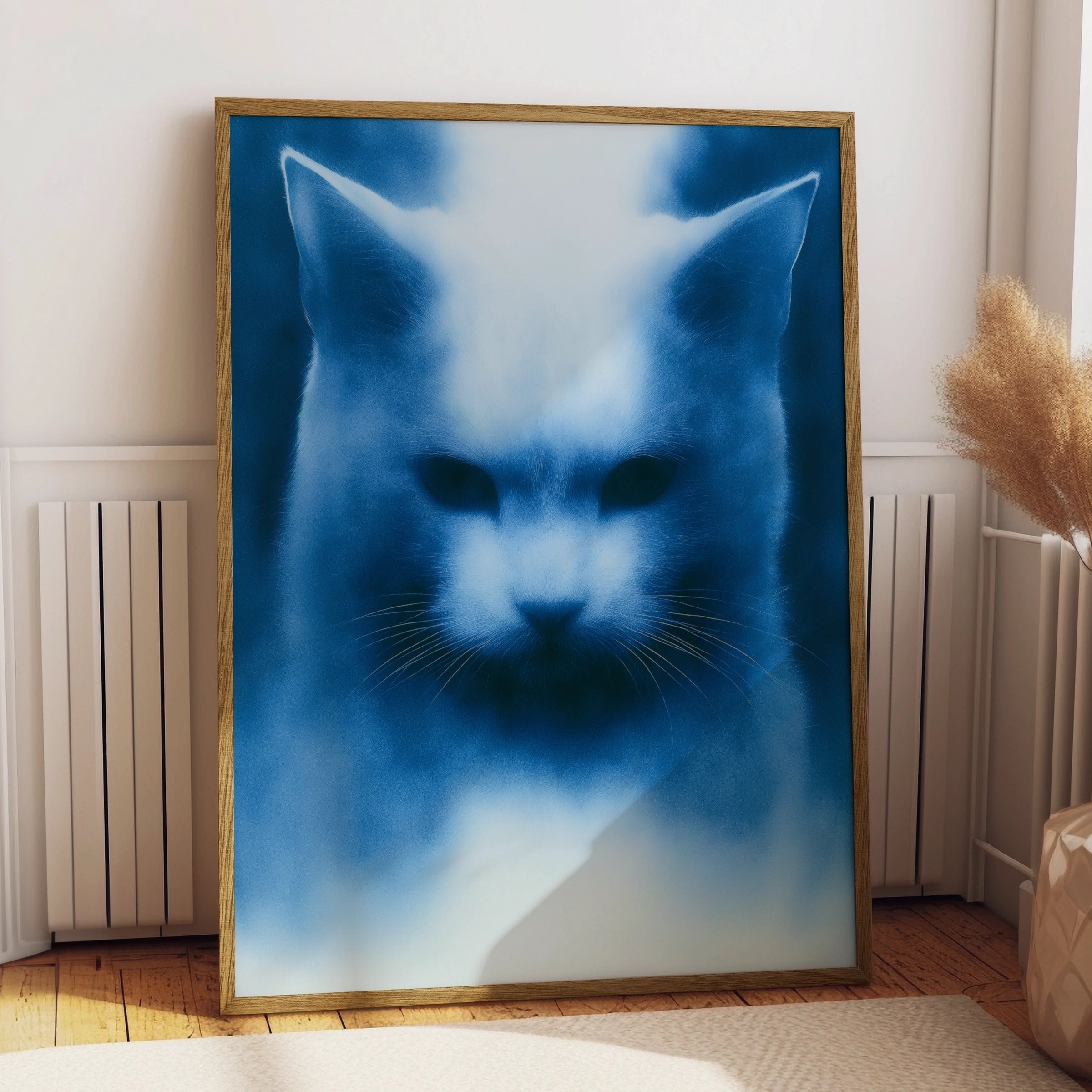 Blue Cat Portrait Print, Moody Feline Wall Art, Dark Modern Poster