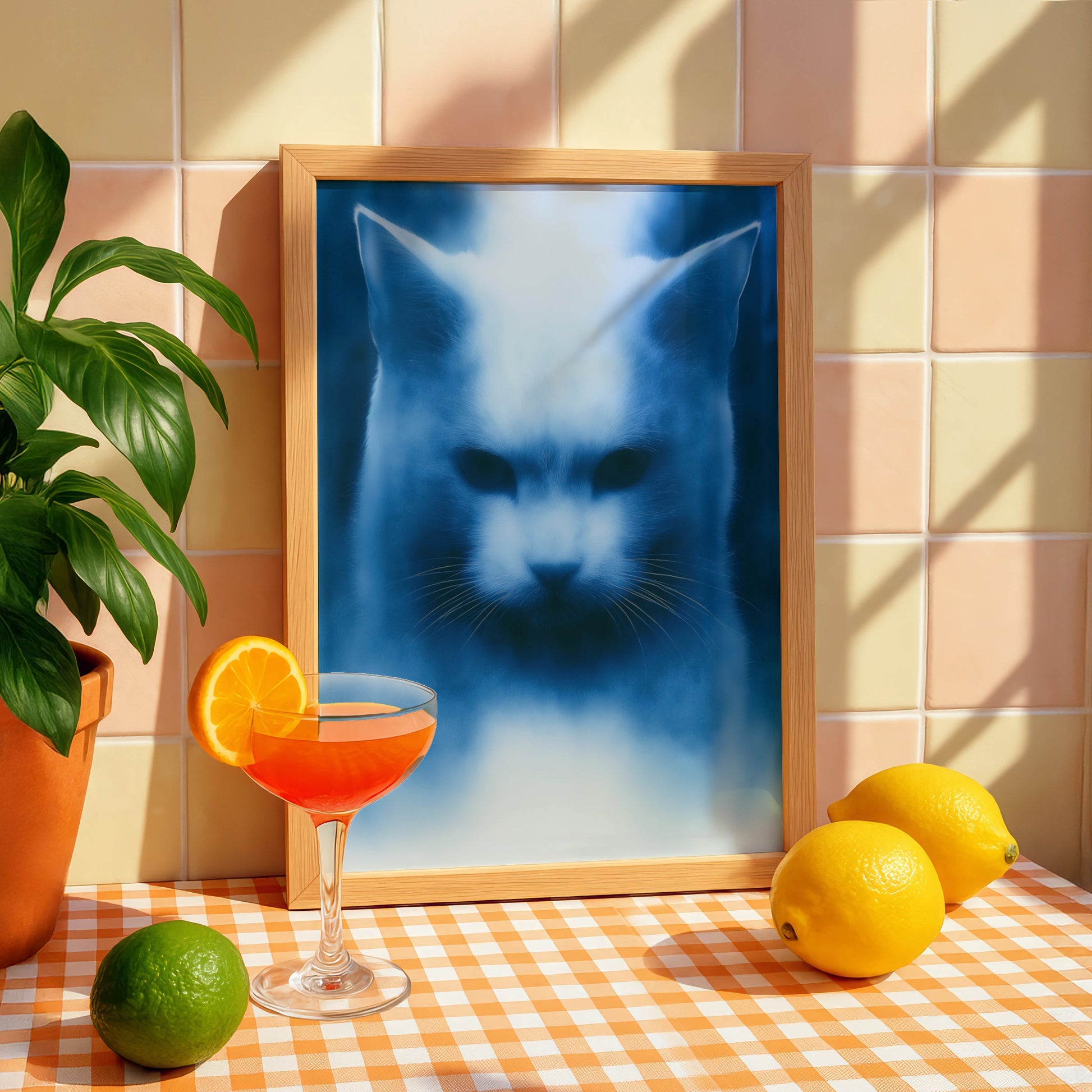 Blue Cat Portrait Print, Moody Feline Wall Art, Dark Modern Poster