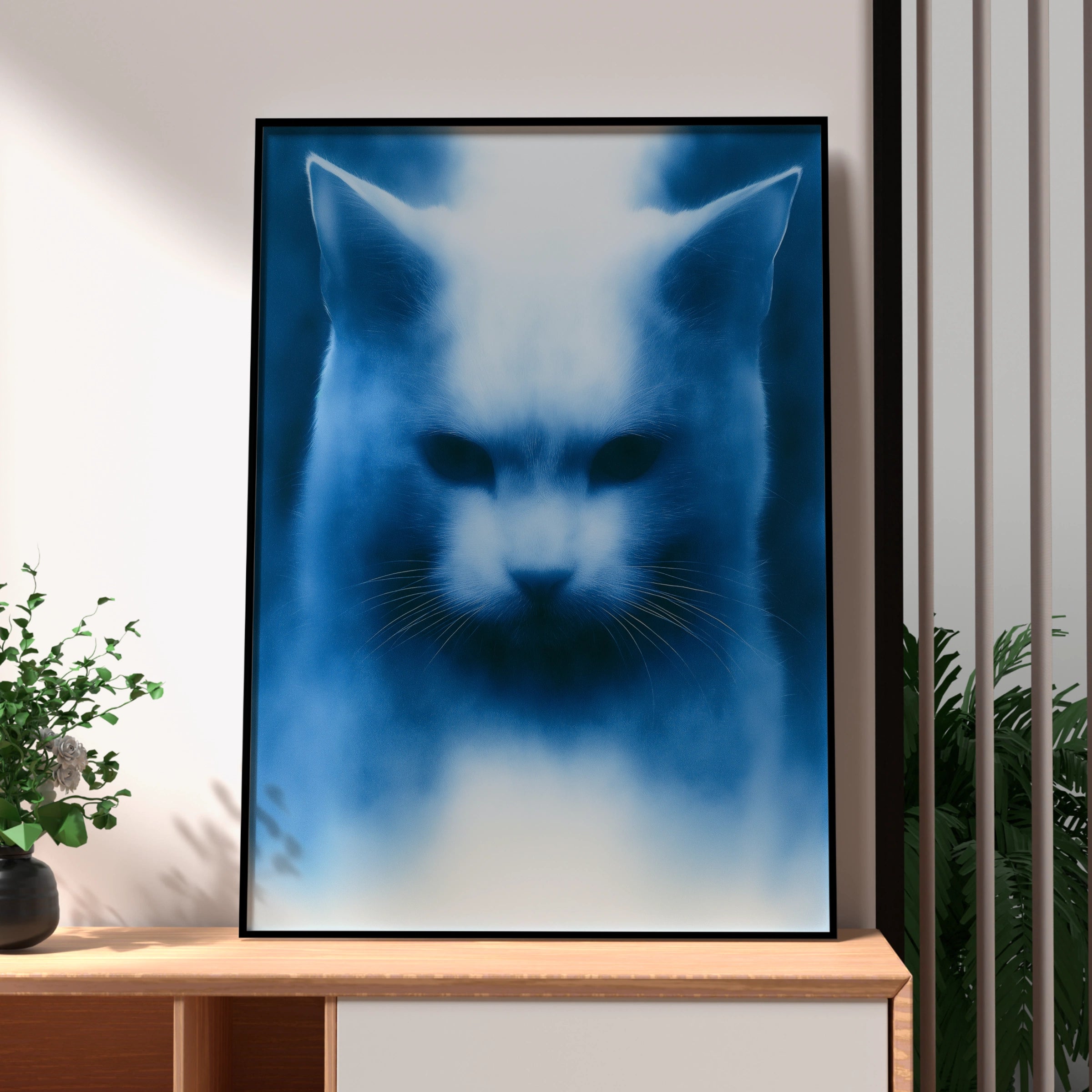 Blue Cat Portrait Print, Moody Feline Wall Art, Dark Modern Poster