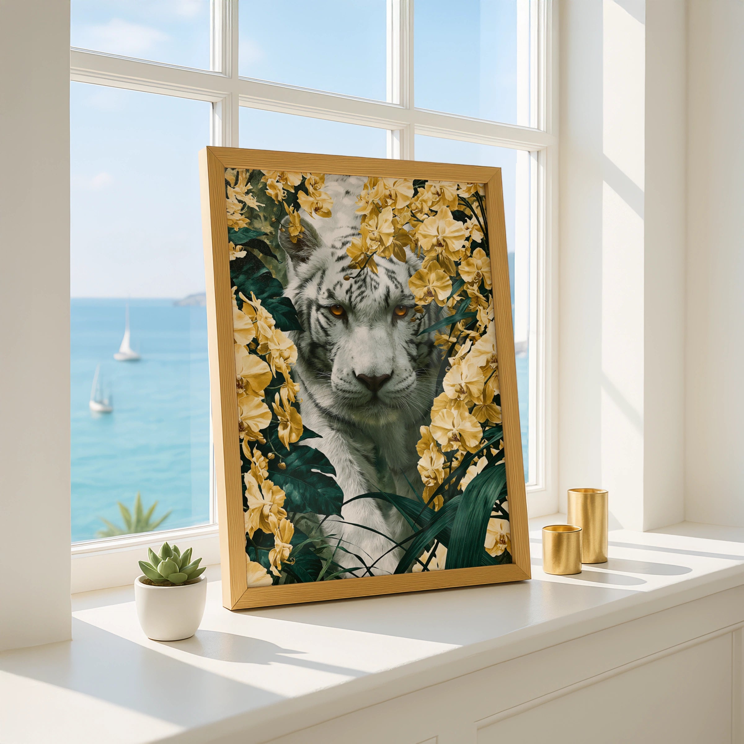 White Tiger Yellow Orchid Poster, Floral Jungle Wall Art, Bold Botanical Print