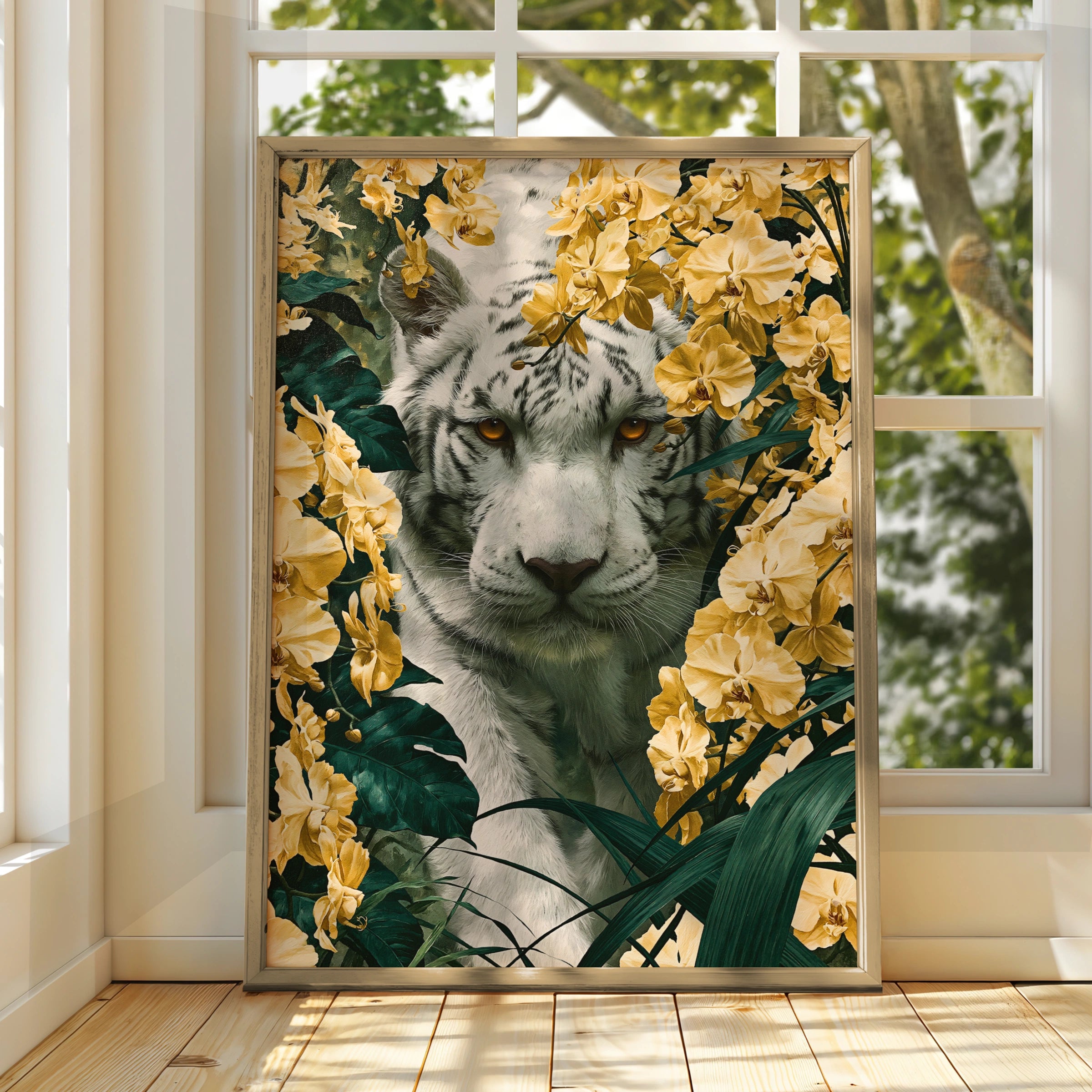 White Tiger Yellow Orchid Poster, Floral Jungle Wall Art, Bold Botanical Print