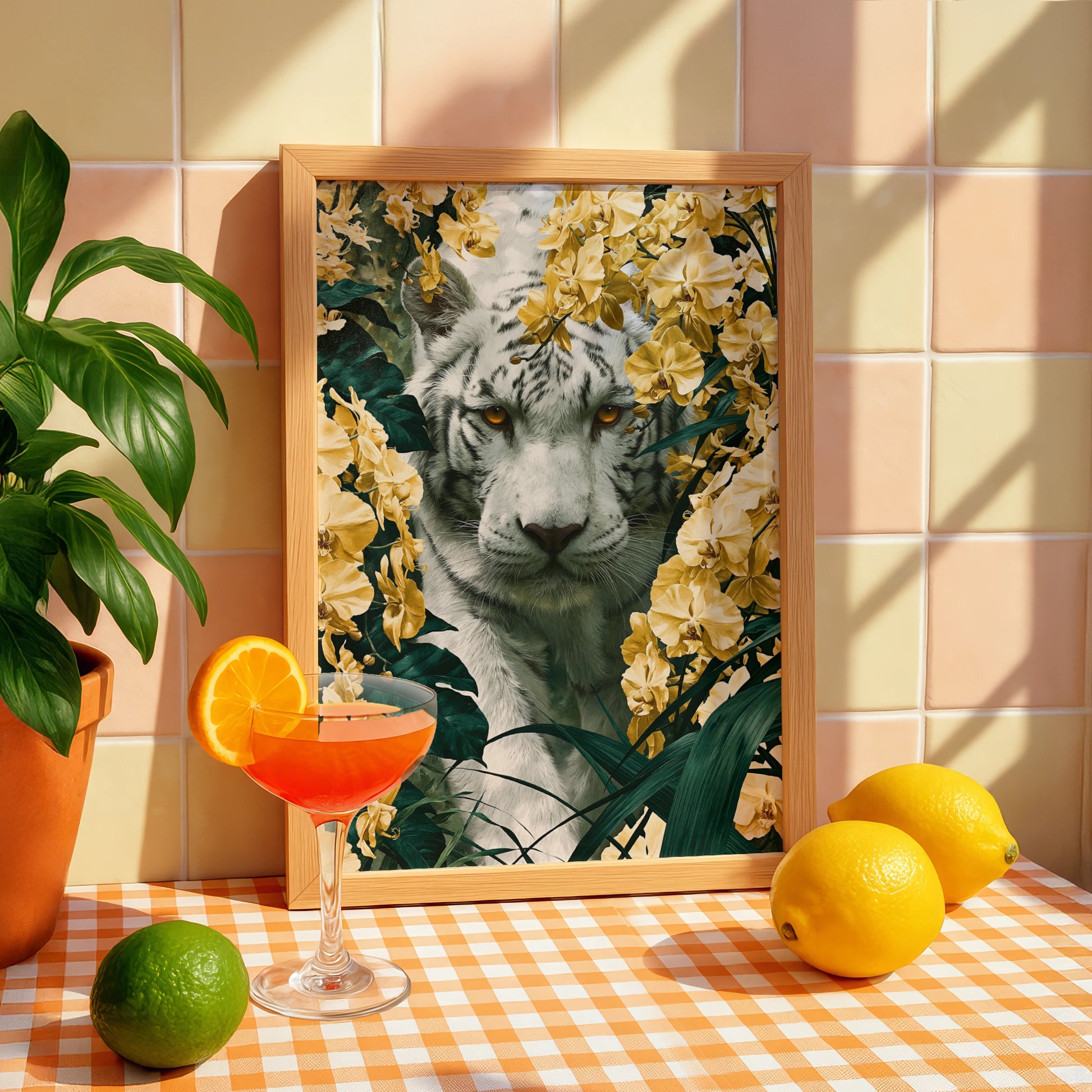 White Tiger Yellow Orchid Poster, Floral Jungle Wall Art, Bold Botanical Print