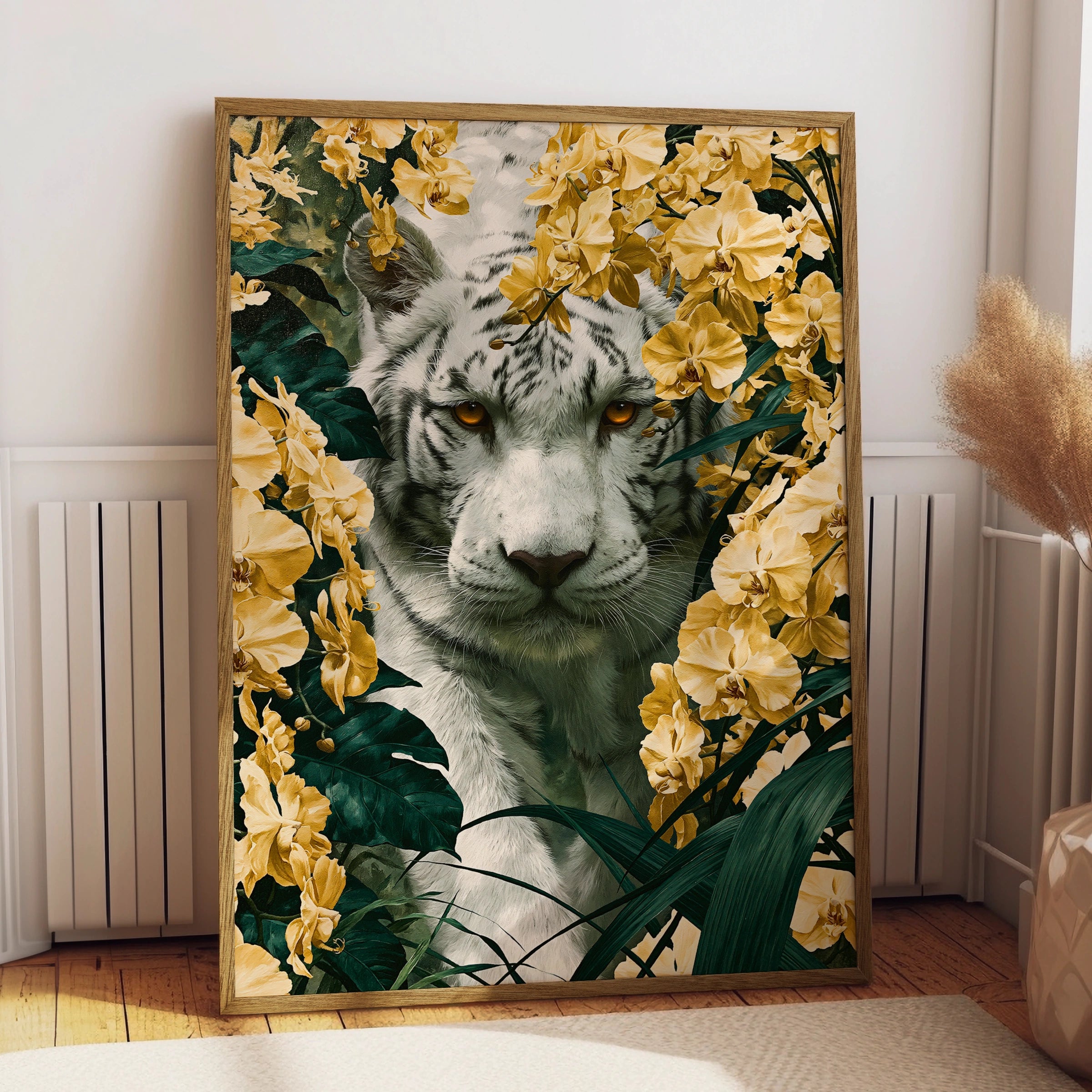 White Tiger Yellow Orchid Poster, Floral Jungle Wall Art, Bold Botanical Print