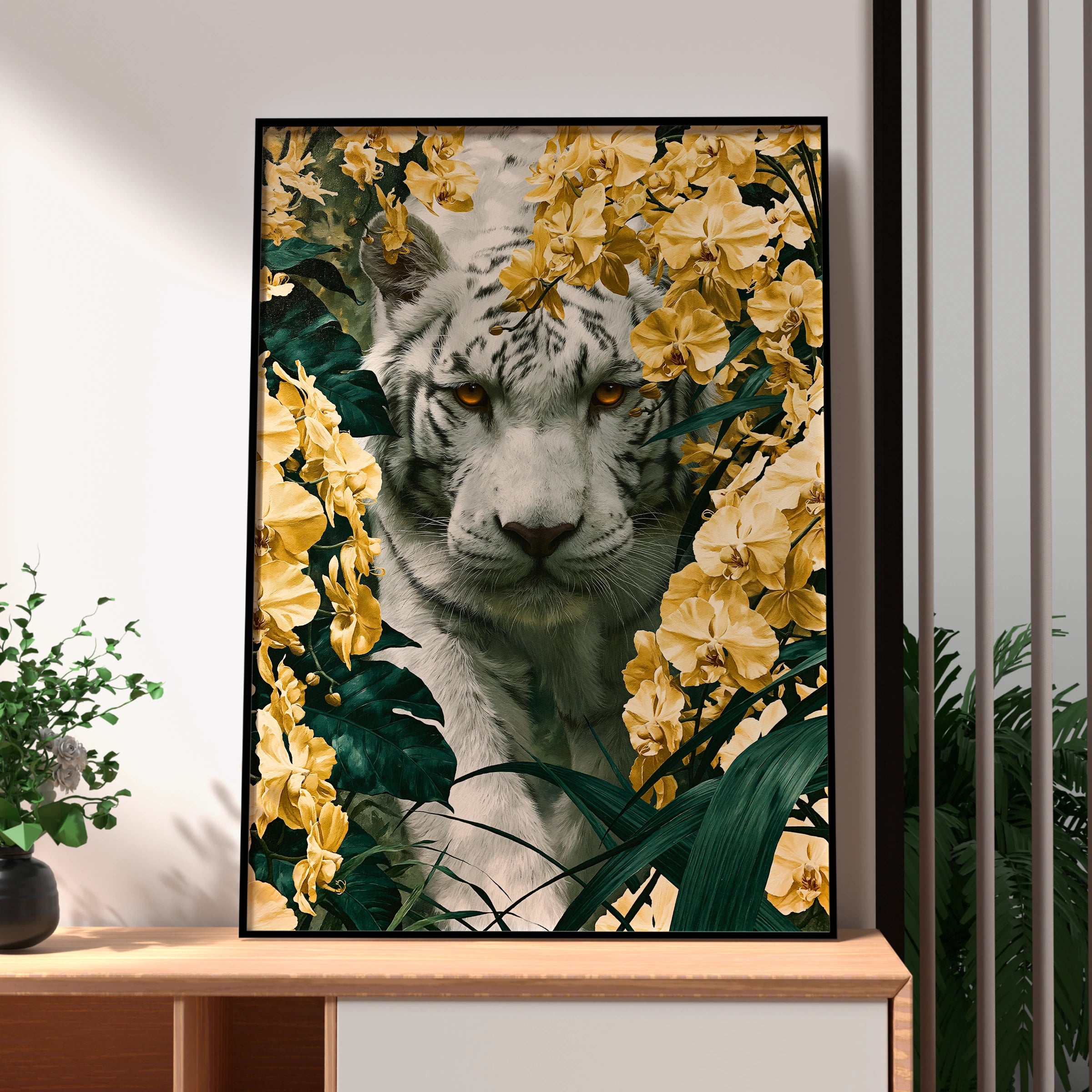 White Tiger Yellow Orchid Poster, Floral Jungle Wall Art, Bold Botanical Print