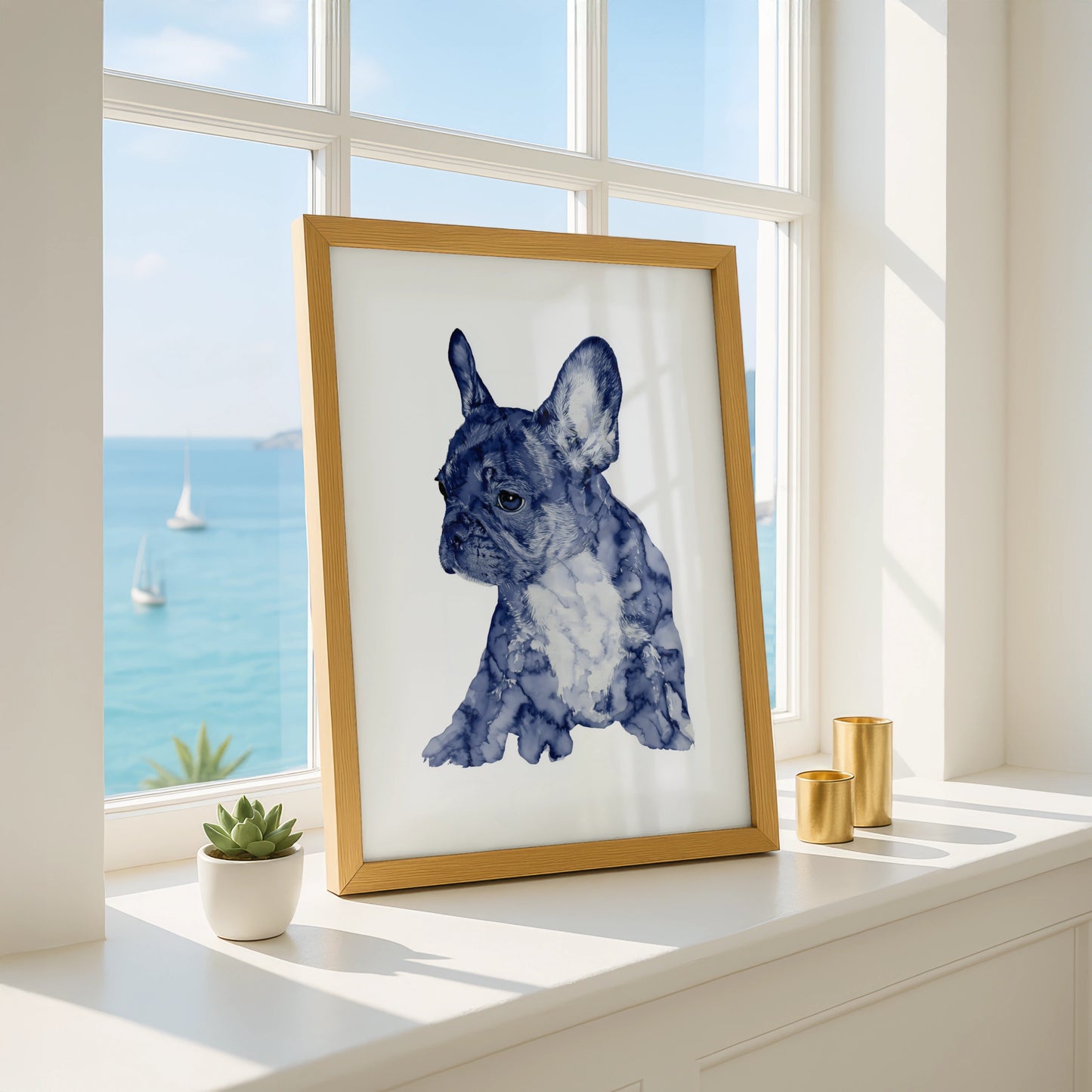 French Bulldog Puppy Print, Navy Blue Watercolour Dog Wall Art, Frenchie Poster