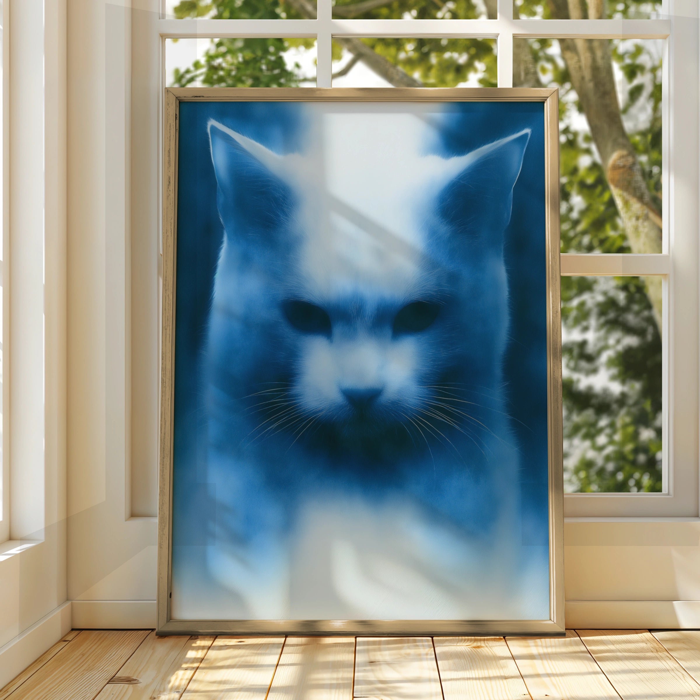 Blue Cat Portrait Print, Moody Feline Wall Art, Dark Modern Poster