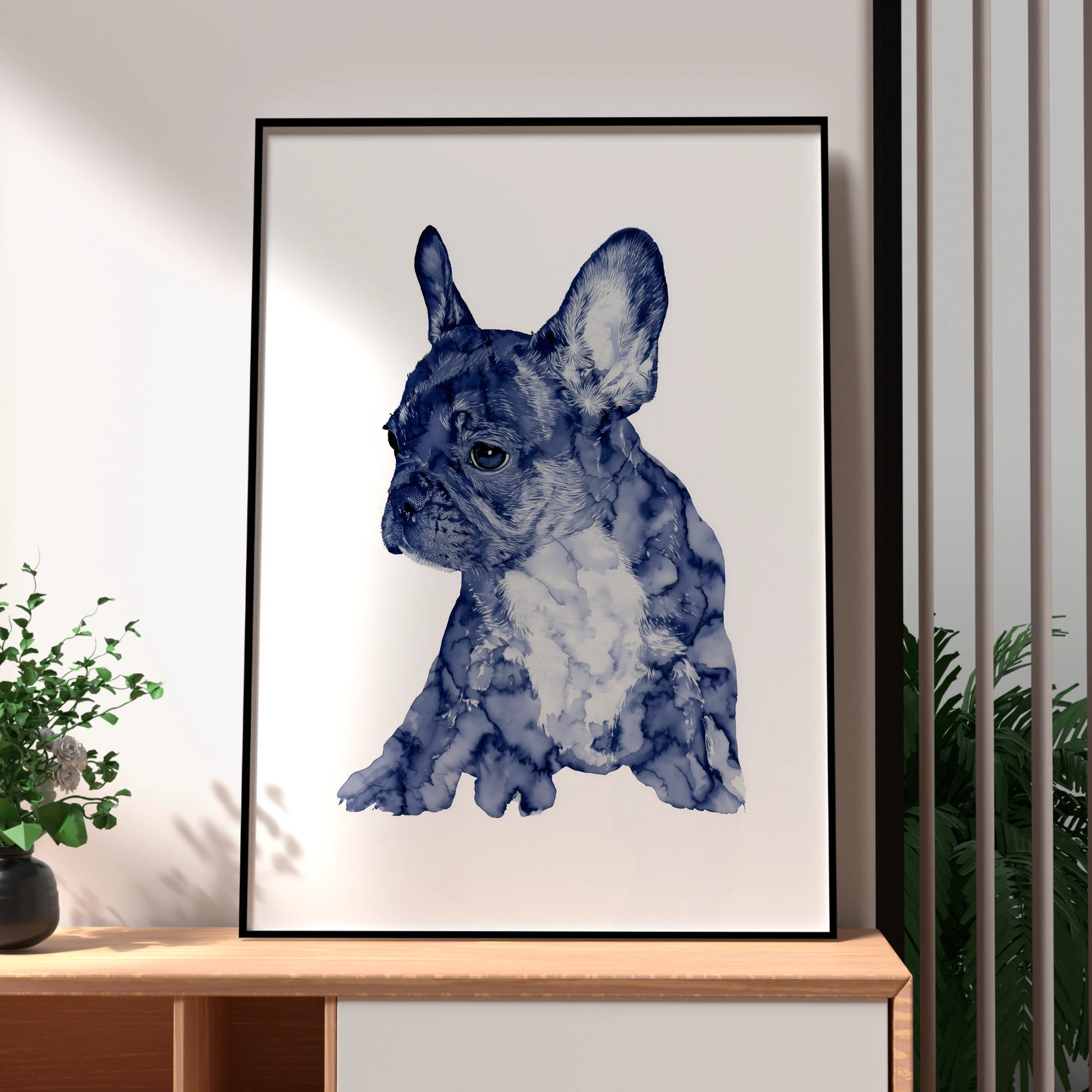 French Bulldog Puppy Print, Navy Blue Watercolour Dog Wall Art, Frenchie Poster