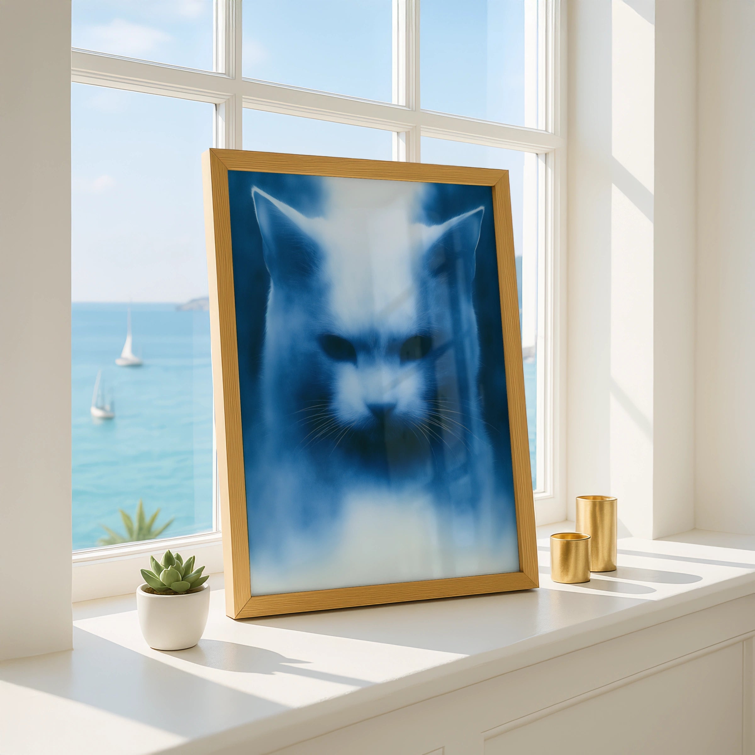 Blue Cat Portrait Print, Moody Feline Wall Art, Dark Modern Poster