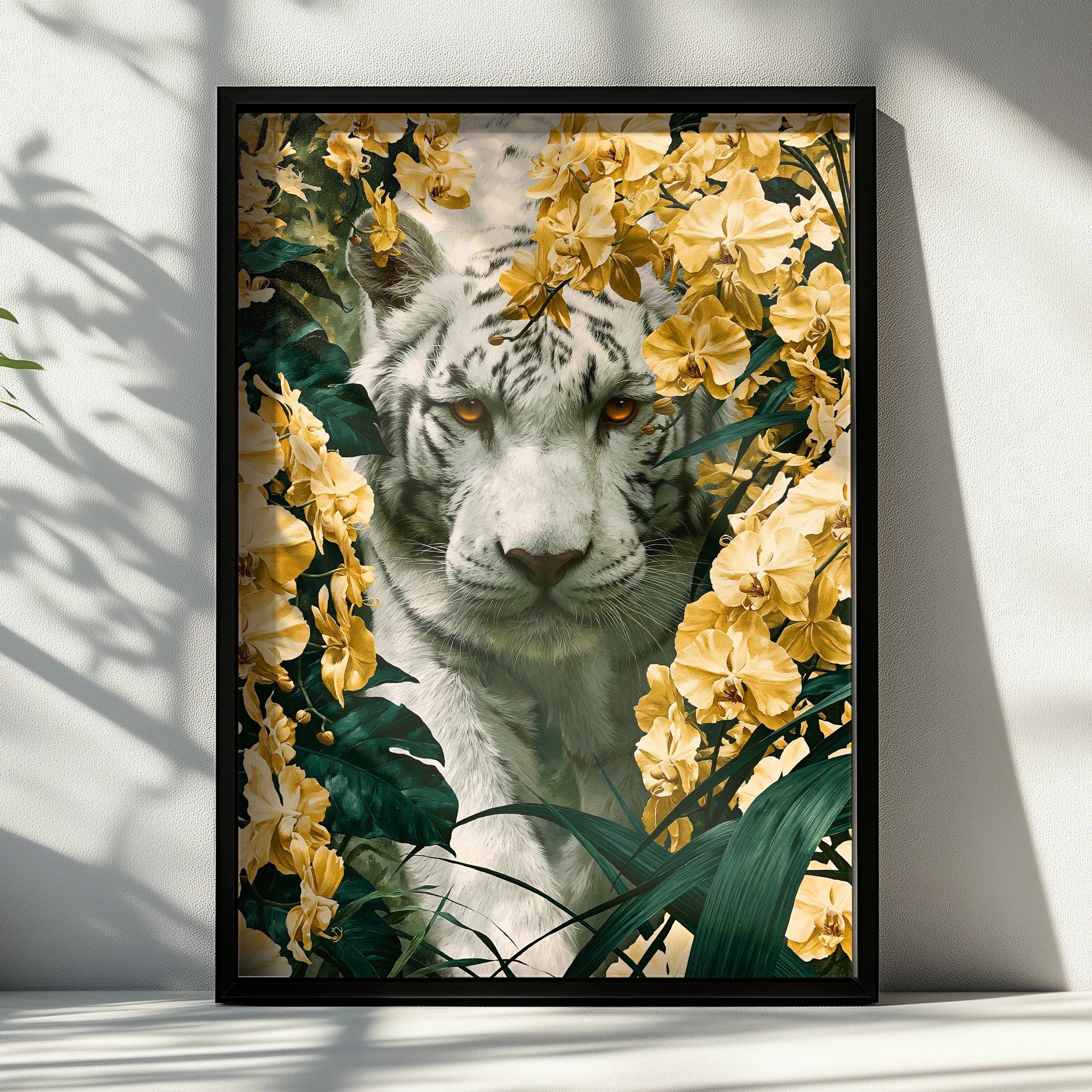 White Tiger Yellow Orchid Poster, Floral Jungle Wall Art, Bold Botanical Print