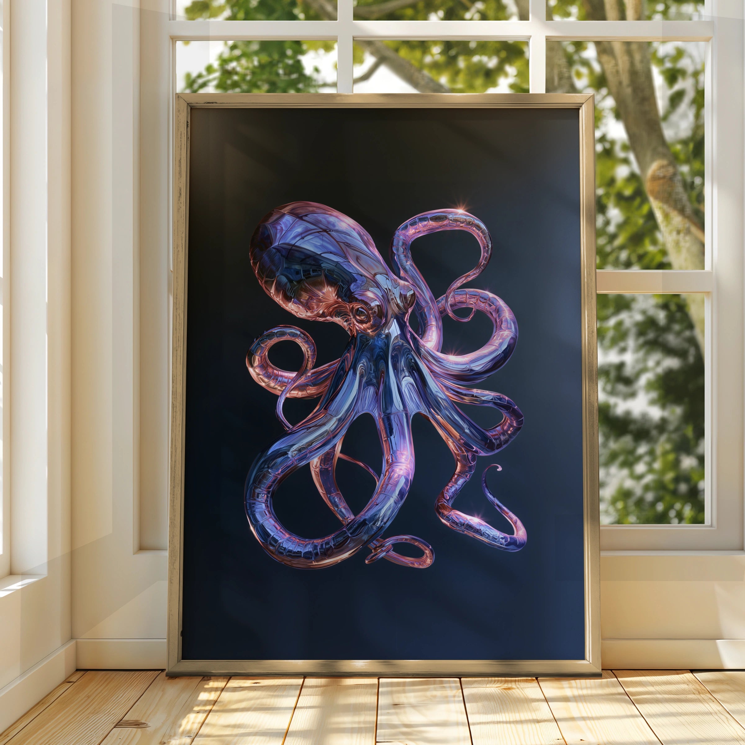 Chrome Octopus Poster, Metallic Tentacles, Dark Blue Futuristic Wall Art