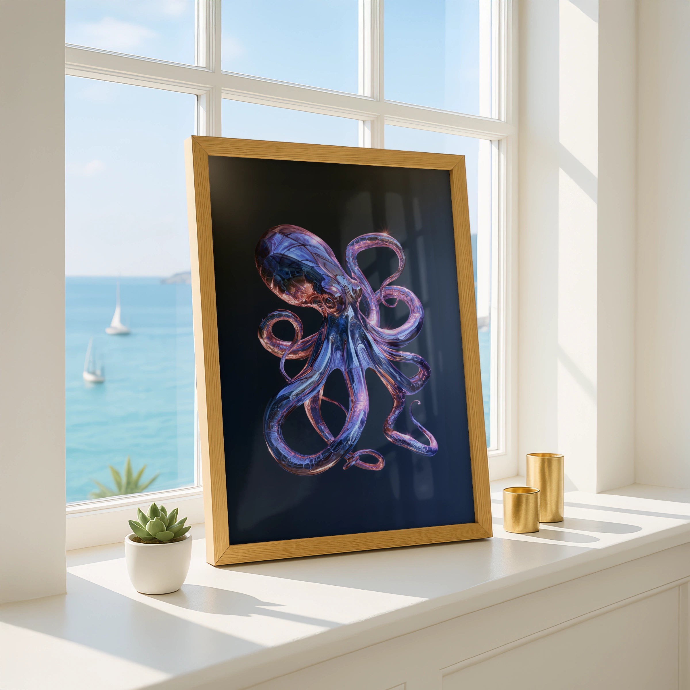 Chrome Octopus Poster, Metallic Tentacles, Dark Blue Futuristic Wall Art