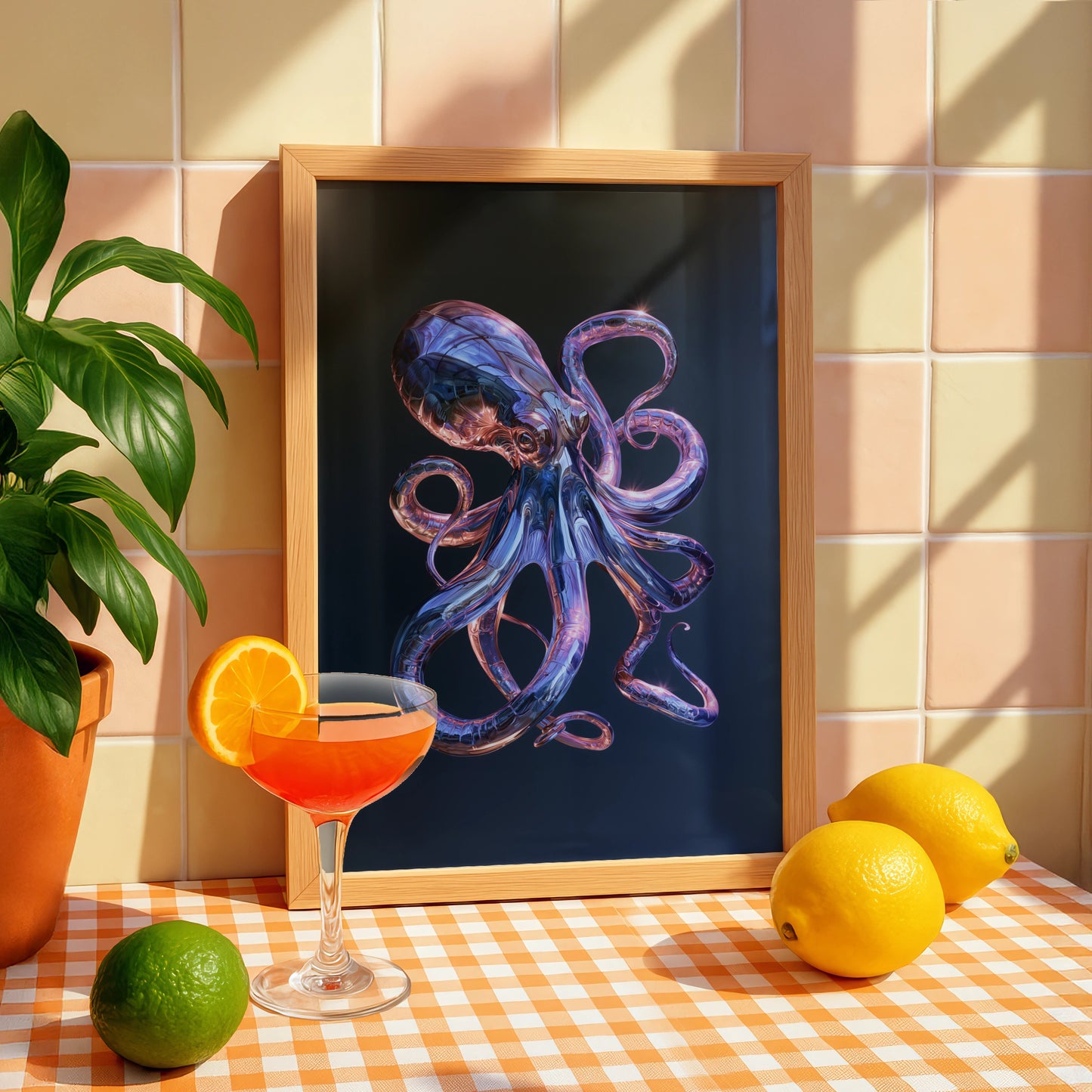 Chrome Octopus Poster, Metallic Tentacles, Dark Blue Futuristic Wall Art