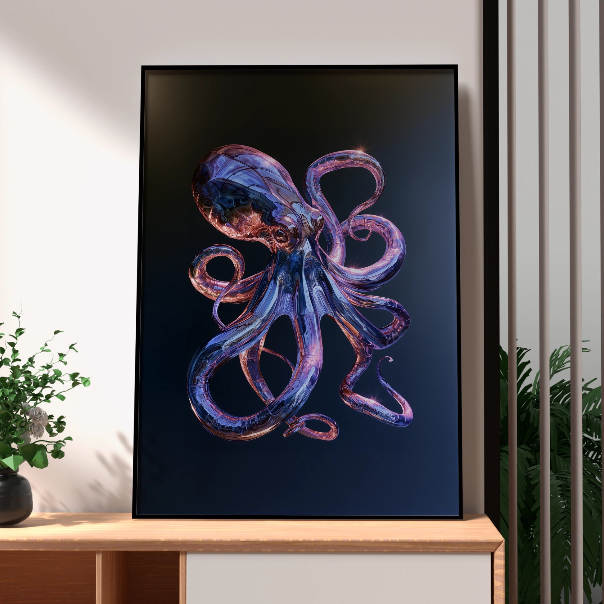 Chrome Octopus Poster, Metallic Tentacles, Dark Blue Futuristic Wall Art