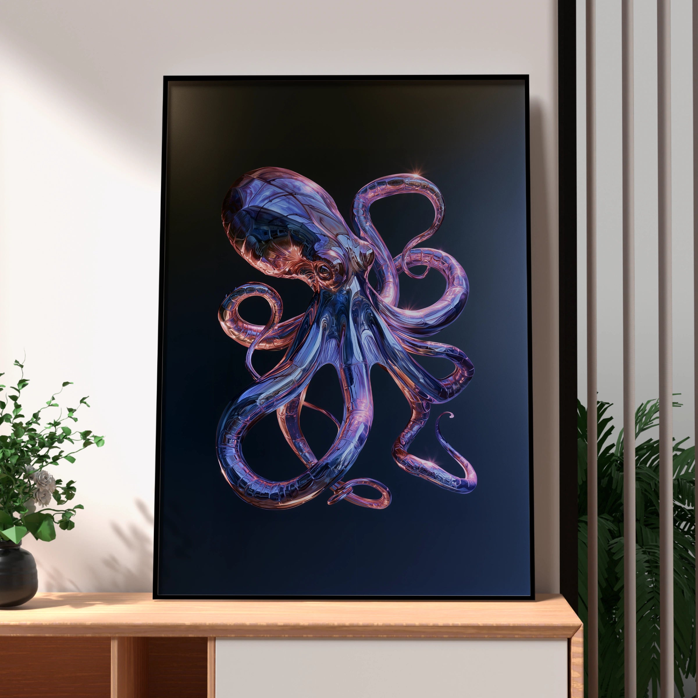 Chrome Octopus Poster, Metallic Tentacles, Dark Blue Futuristic Wall Art